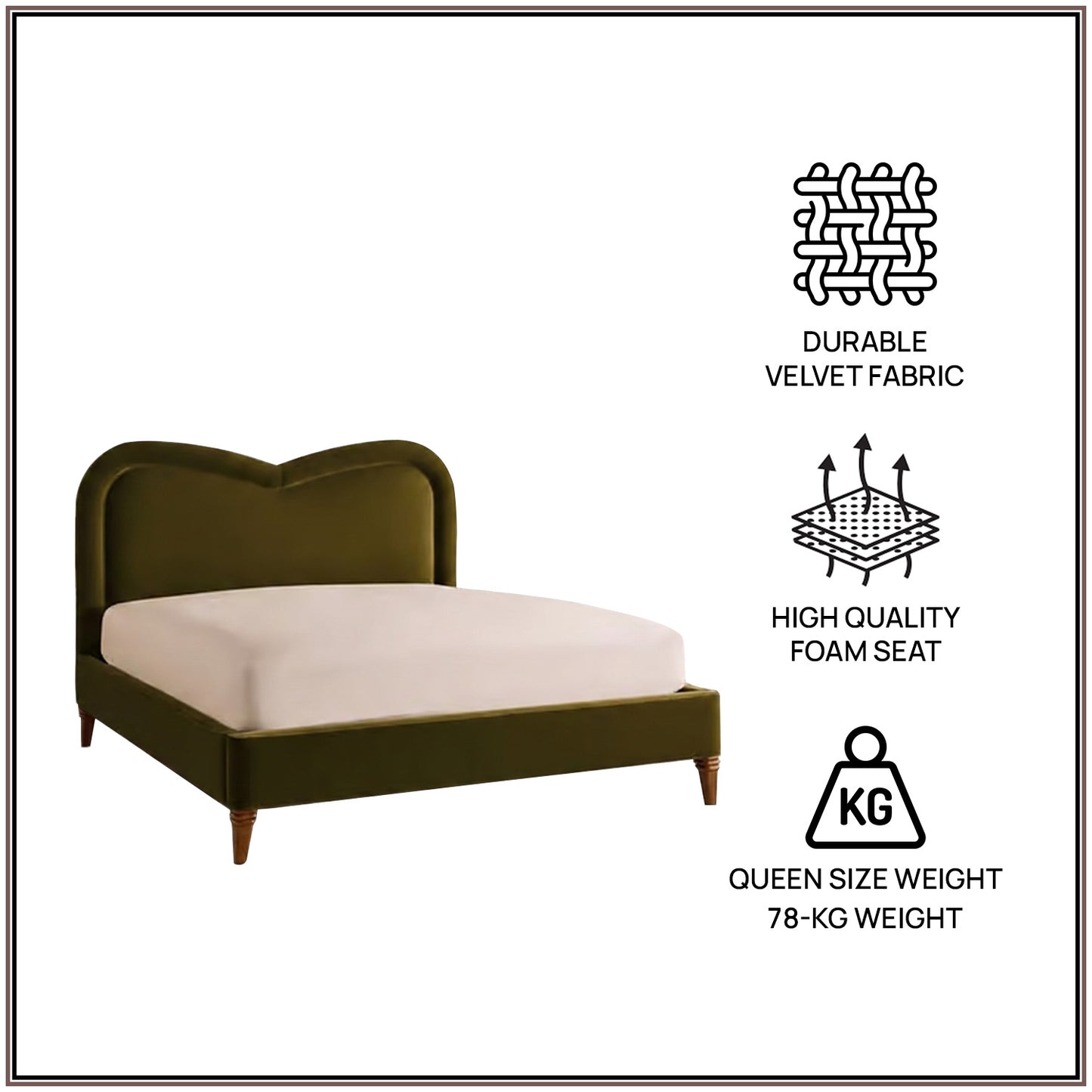 Elaris Curve Comfort Queen Size Bed in Olive Brown Velvet with Engineer Wood Frame & Hydraulic Storage