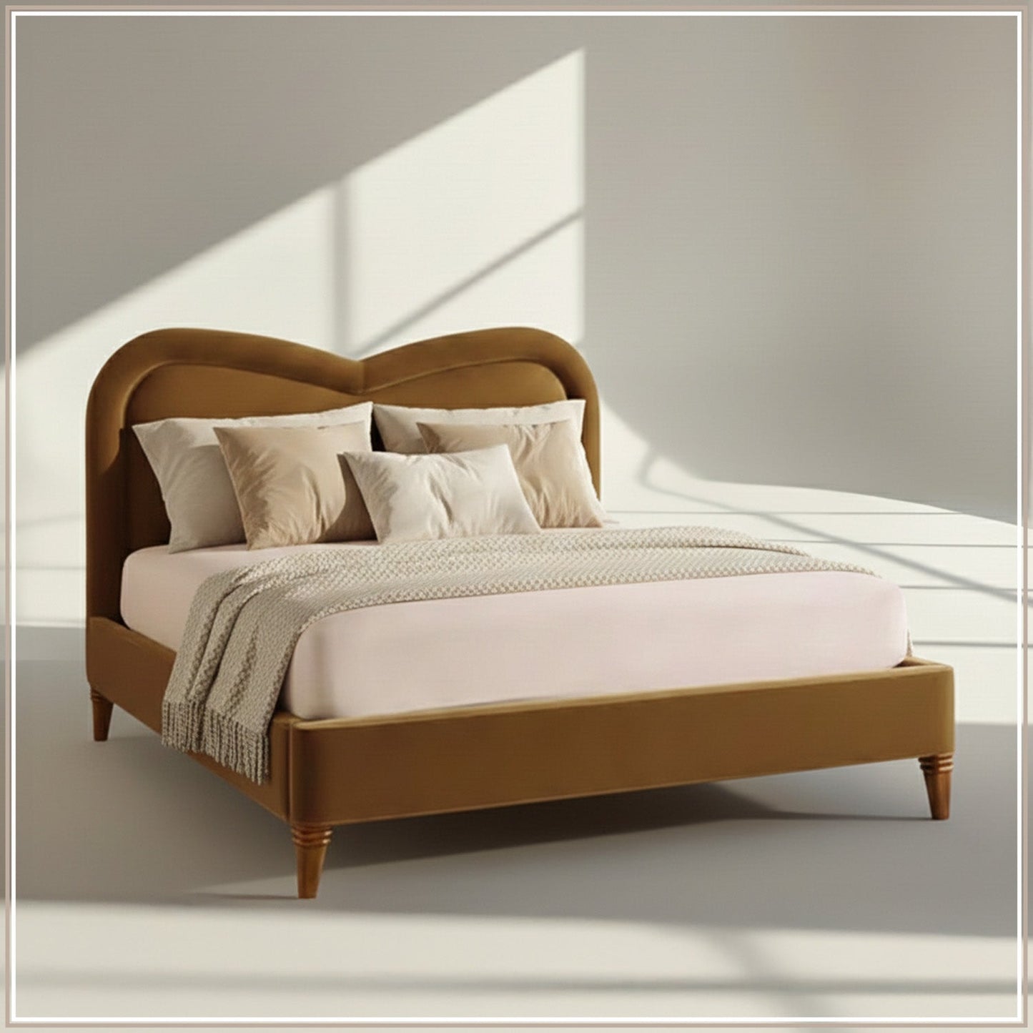Elaris Curve Comfort Queen Size Bed in Mustard Velvet with Engineer Wood Frame & Hydraulic Storage