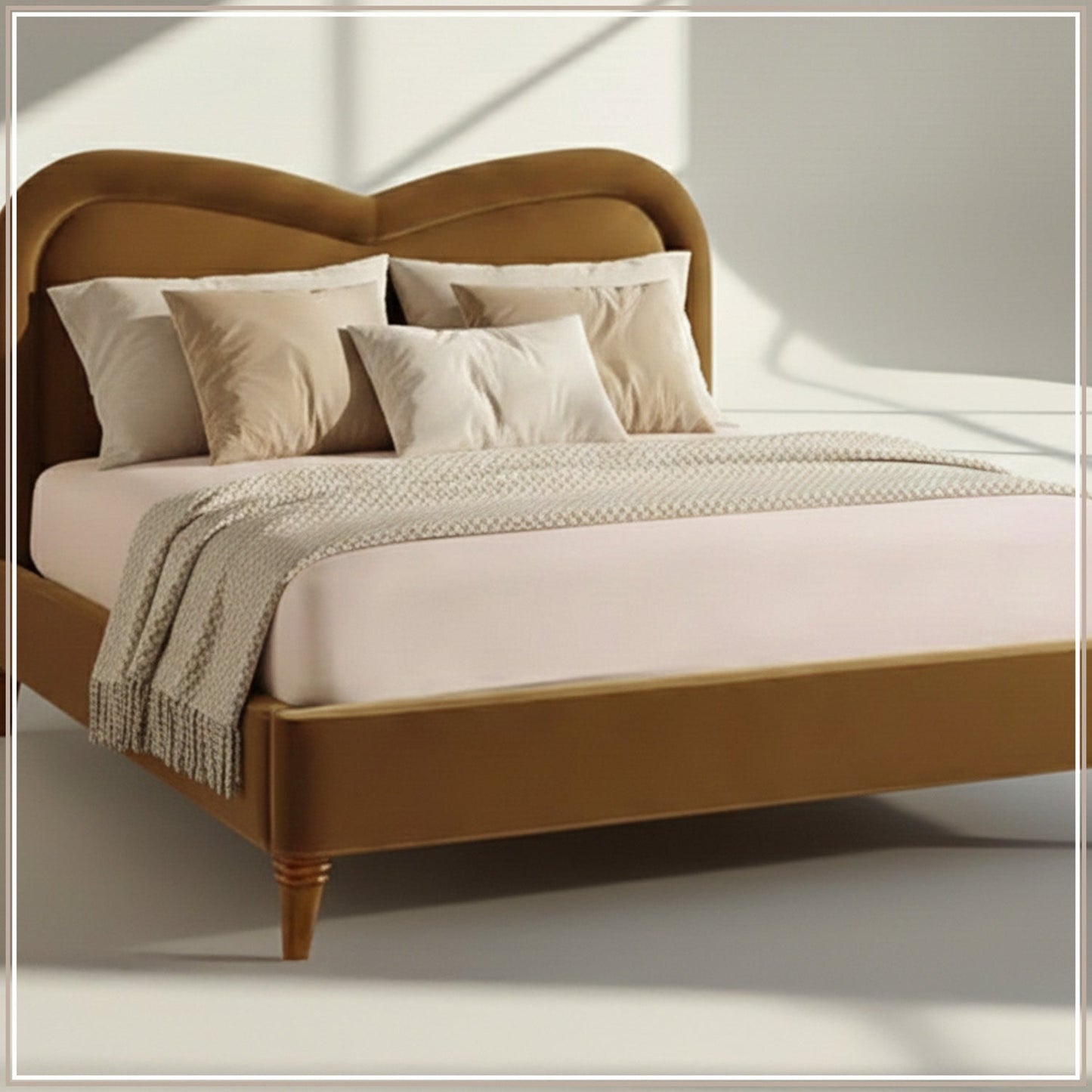 Elaris Curve Comfort Queen Size Bed in Mustard Velvet with Engineer Wood Frame & Hydraulic Storage