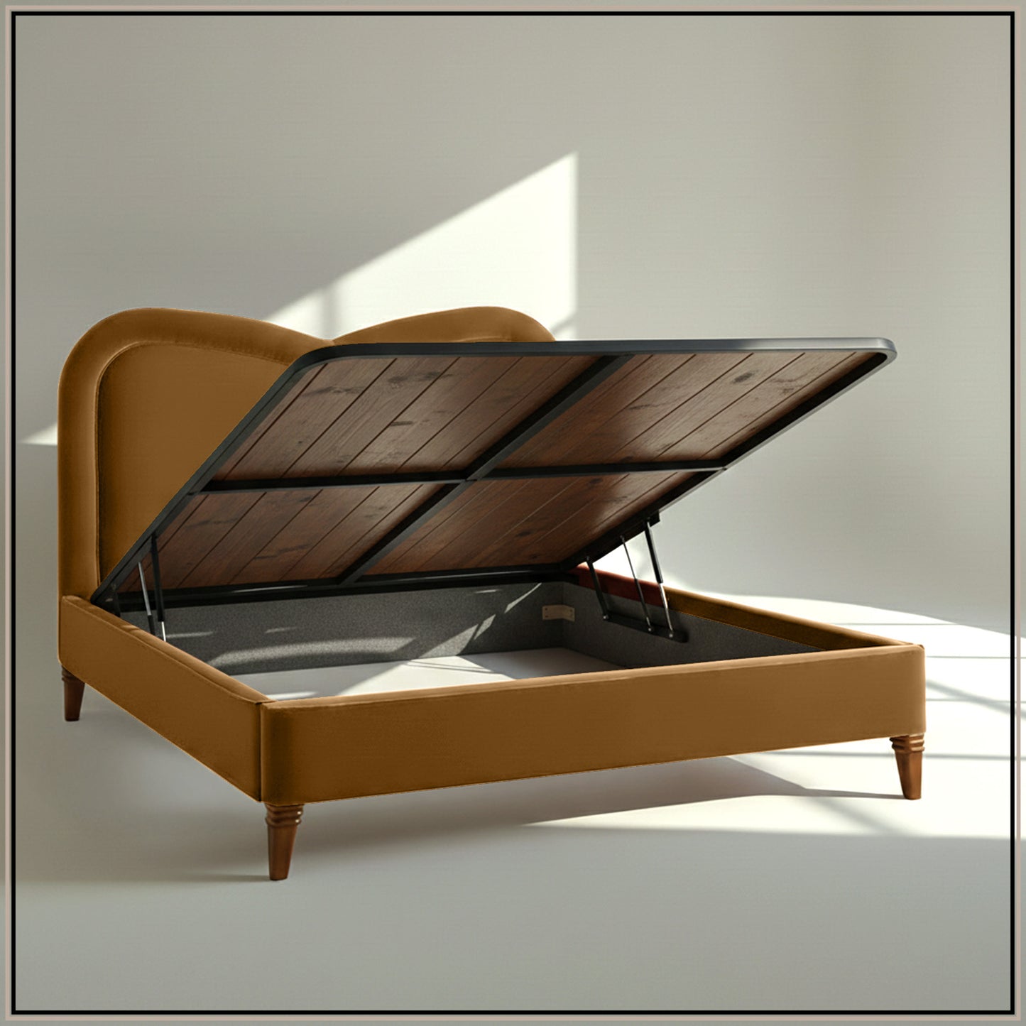 Elaris Curve Comfort Queen Size Bed in Mustard Velvet with Engineer Wood Frame & Hydraulic Storage