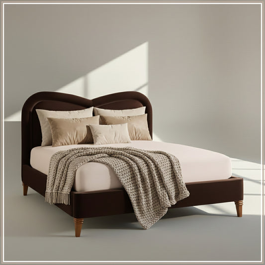 Elaris Curve Comfort Queen Size Bed in Dark Brown Velvet with Engineer Wood Frame & Hydraulic Storage