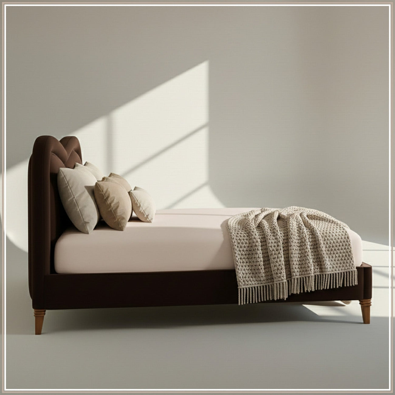 Elaris Curve Comfort King Size Bed in Dark Brown velvet With Engineer Wood Frame & Hydraulic Storage