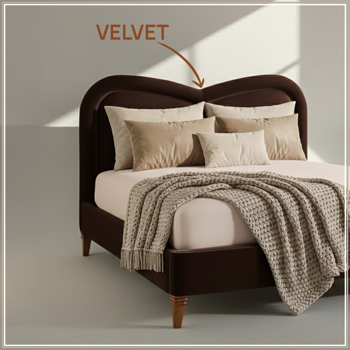 Elaris Curve Comfort King Size Bed in Dark Brown velvet With Engineer Wood Frame & Hydraulic Storage