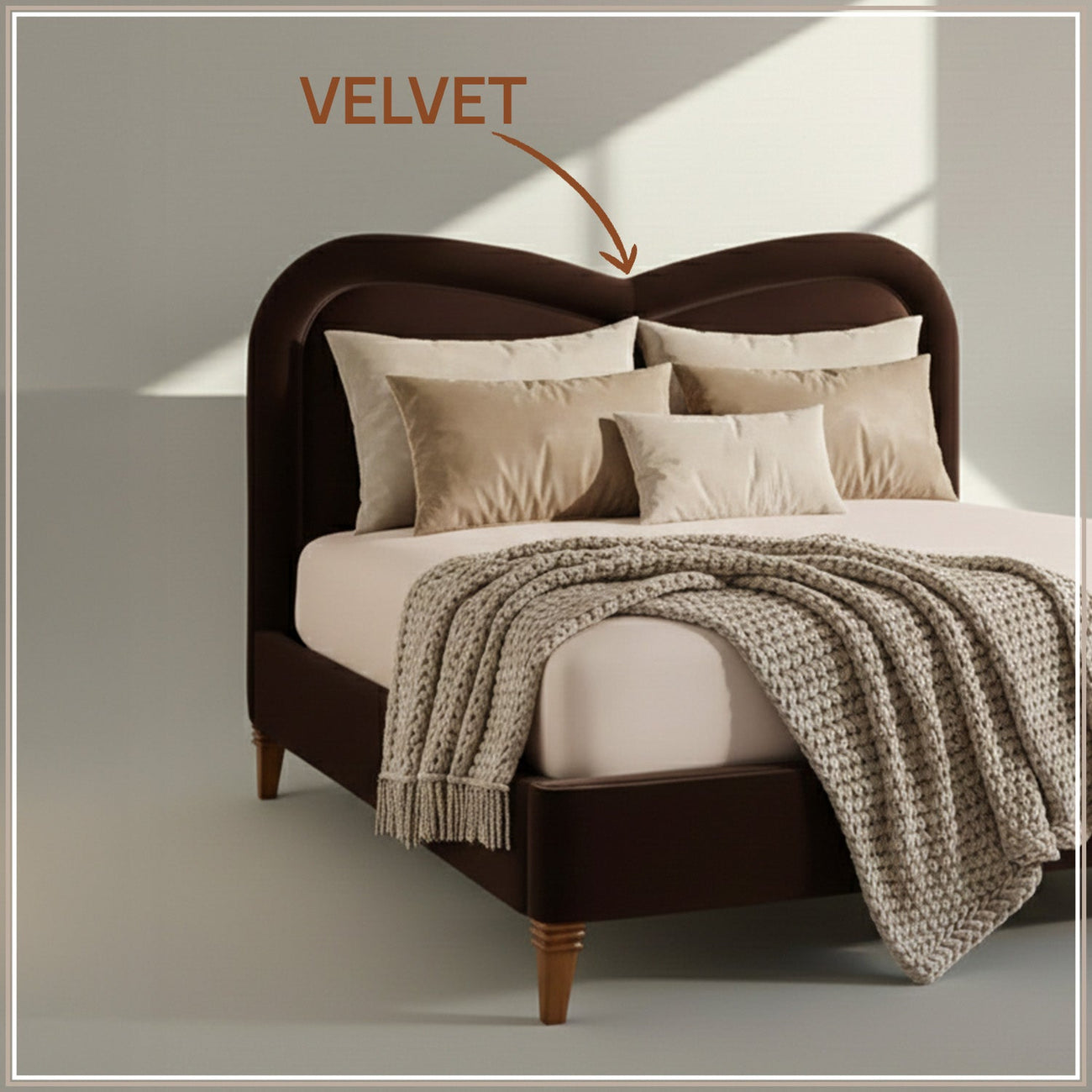 Elaris Curve Comfort King Size Bed in Dark Brown velvet With Engineer Wood Frame & Hydraulic Storage