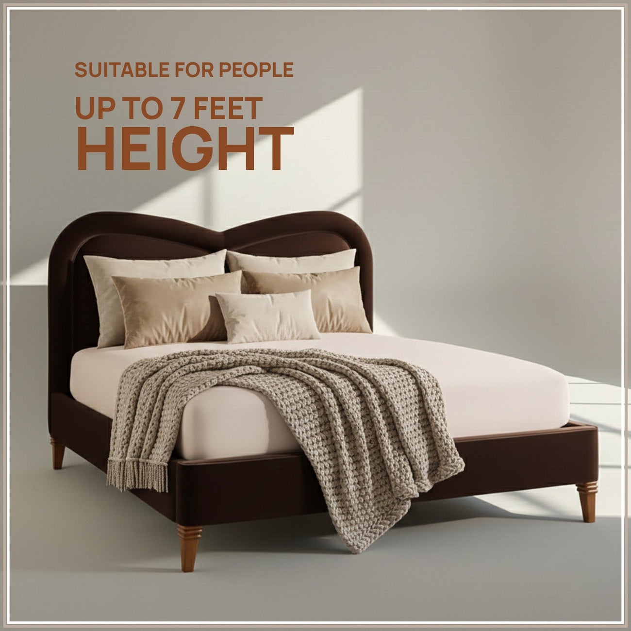 Elaris Curve Comfort Queen Size Bed in Dark Brown Velvet with Engineer Wood Frame & Hydraulic Storage