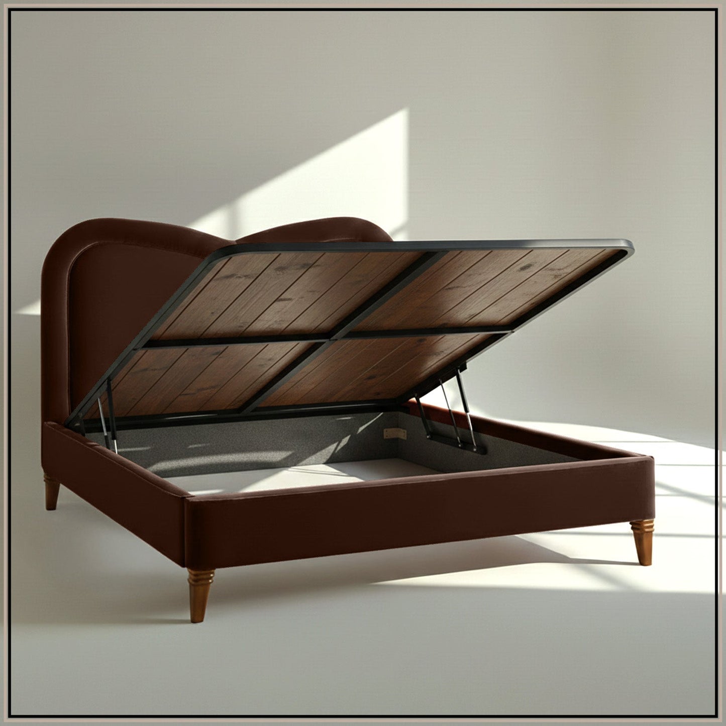 Elaris Curve Comfort King Size Bed in Dark Brown velvet With Engineer Wood Frame & Hydraulic Storage