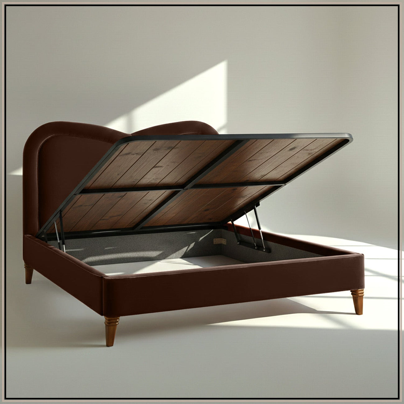 Elaris Curve Comfort King Size Bed in Dark Brown velvet With Engineer Wood Frame & Hydraulic Storage