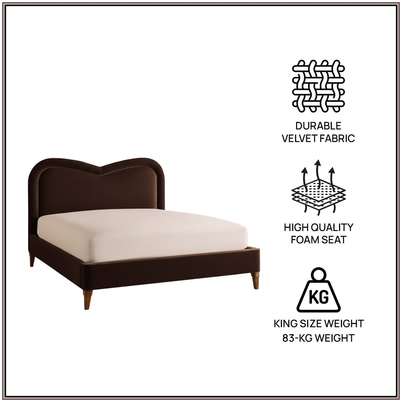 Elaris Curve Comfort King Size Bed in Dark Brown velvet With Engineer Wood Frame & Hydraulic Storage