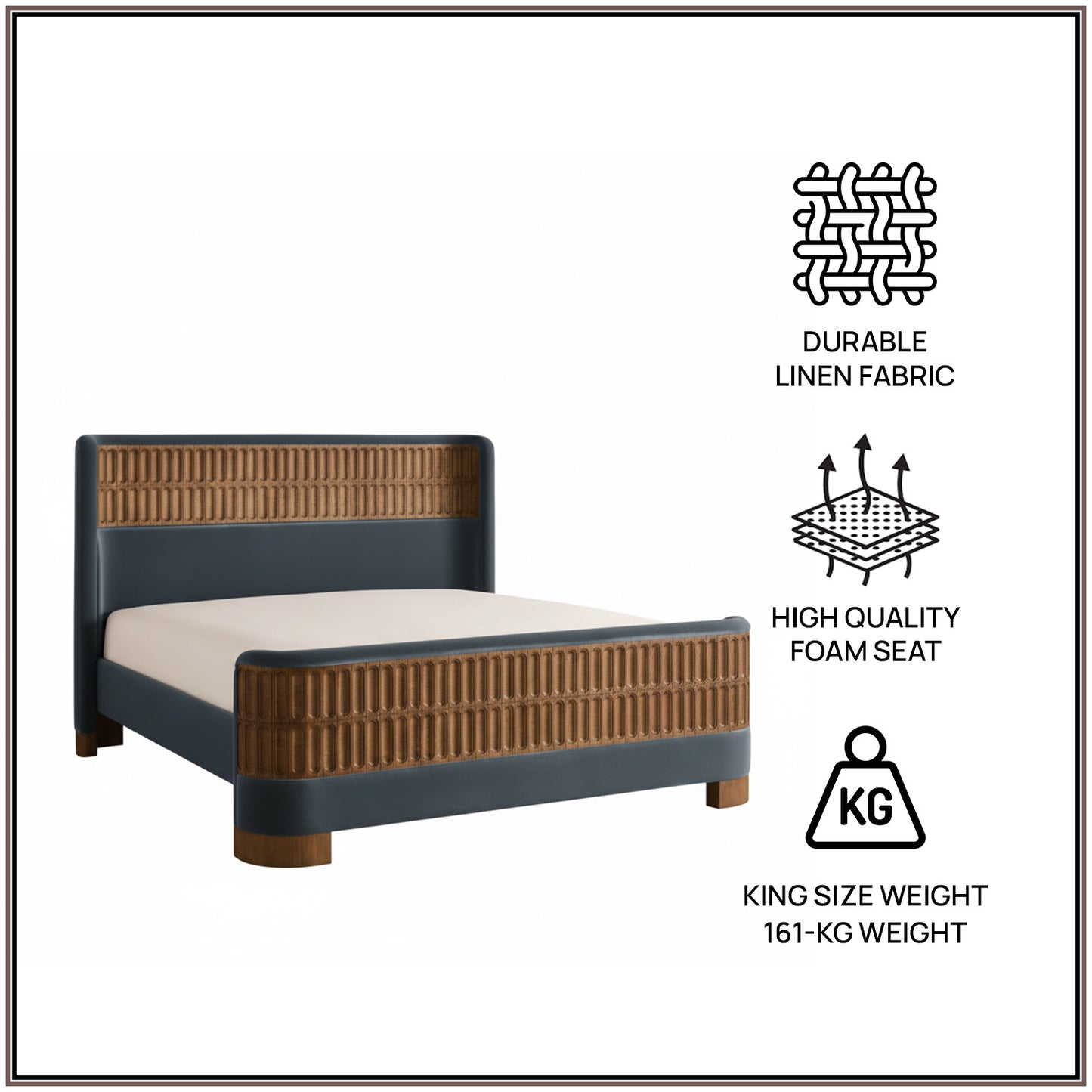Heritage Cane Upholstered King Size Bed in Grey Blue Linen With Oak wood Frame