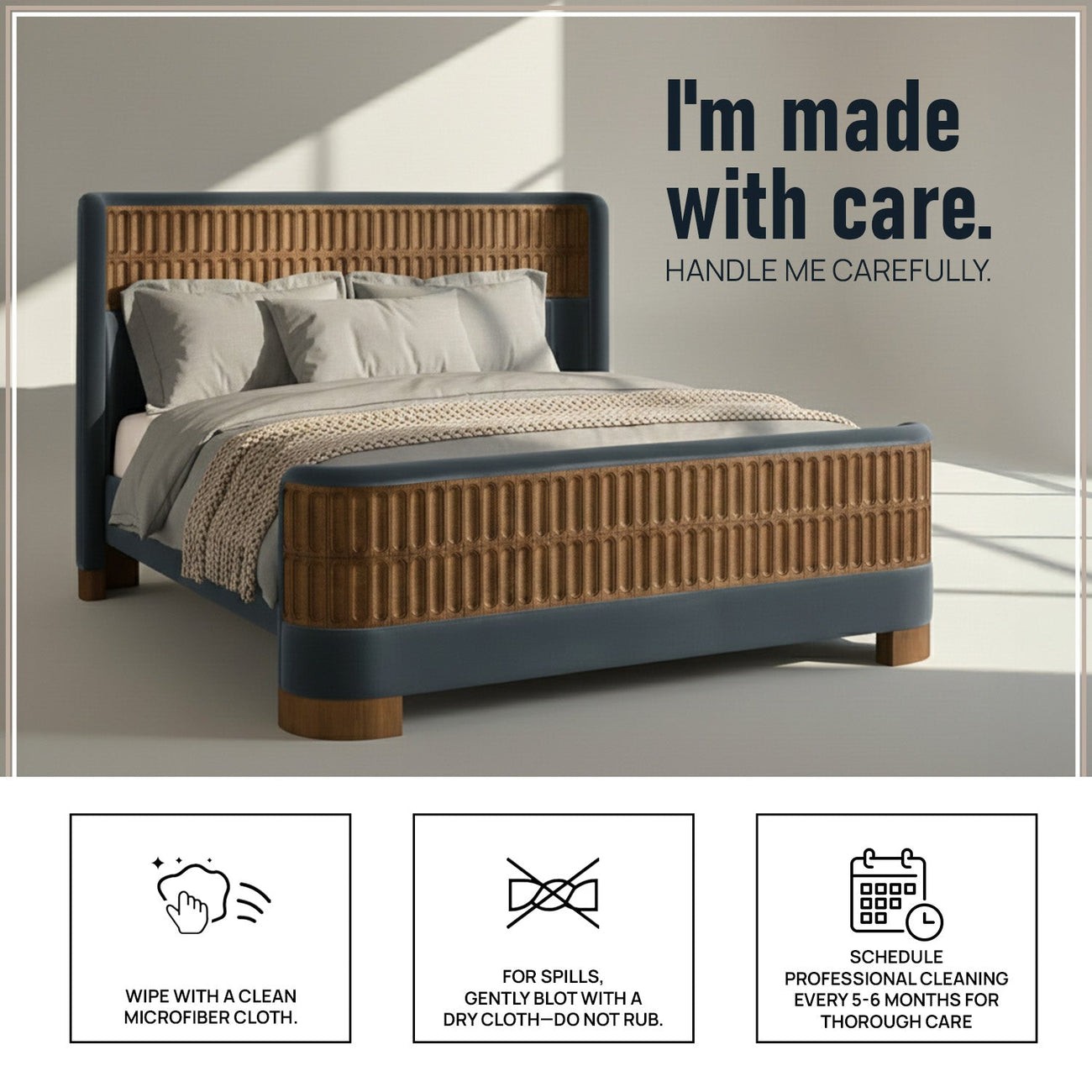 Heritage Cane Upholstered King Size Bed in Grey Blue Linen With Oak wood Frame