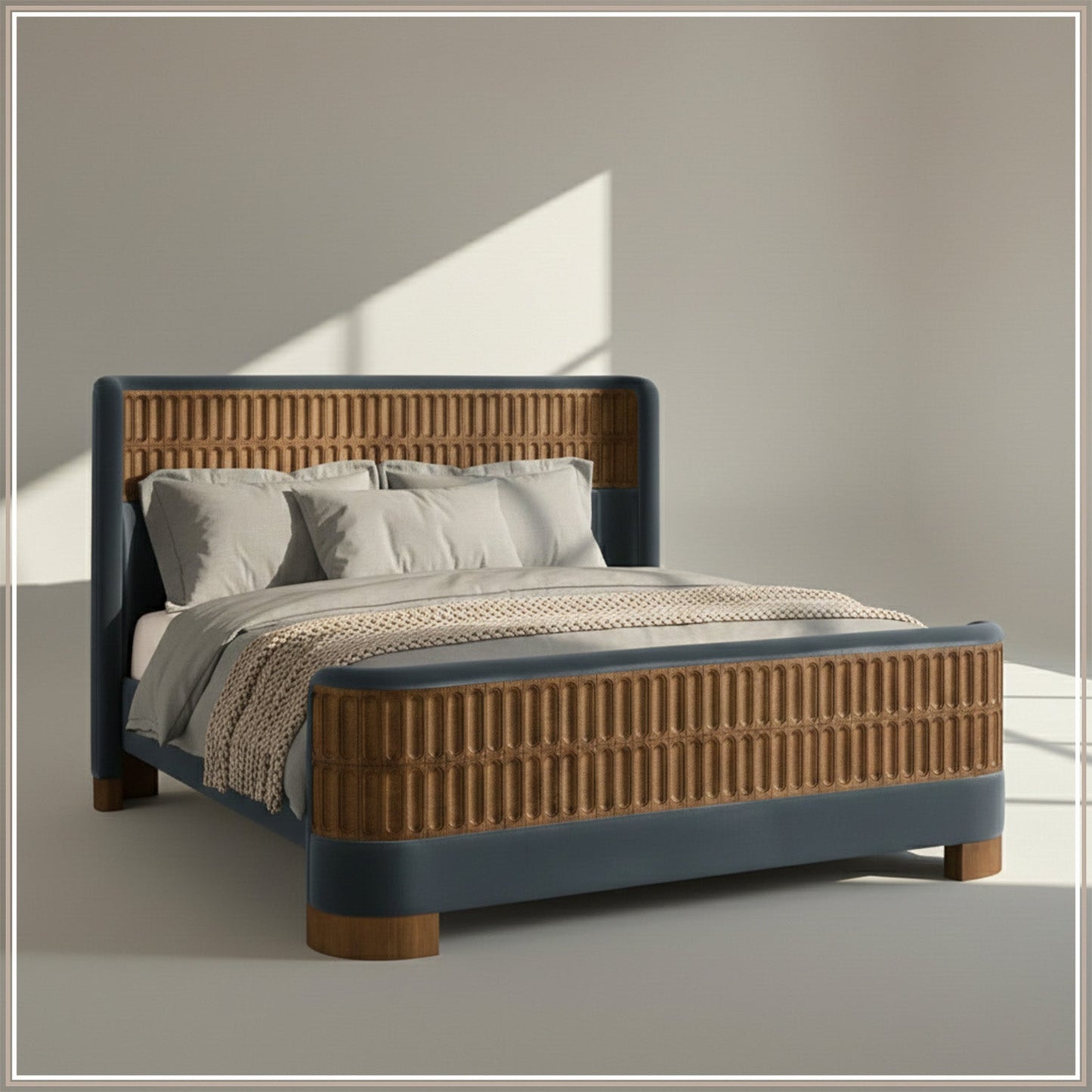 Heritage Cane Upholstered Queen Size Bed in Grey Blue Linen with Oak wood Frame