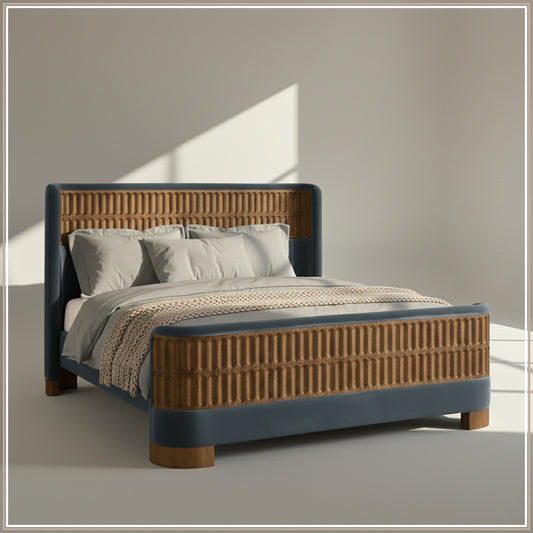 Heritage Cane Upholstered Queen Size Bed in Grey Blue Linen with Oak wood Frame
