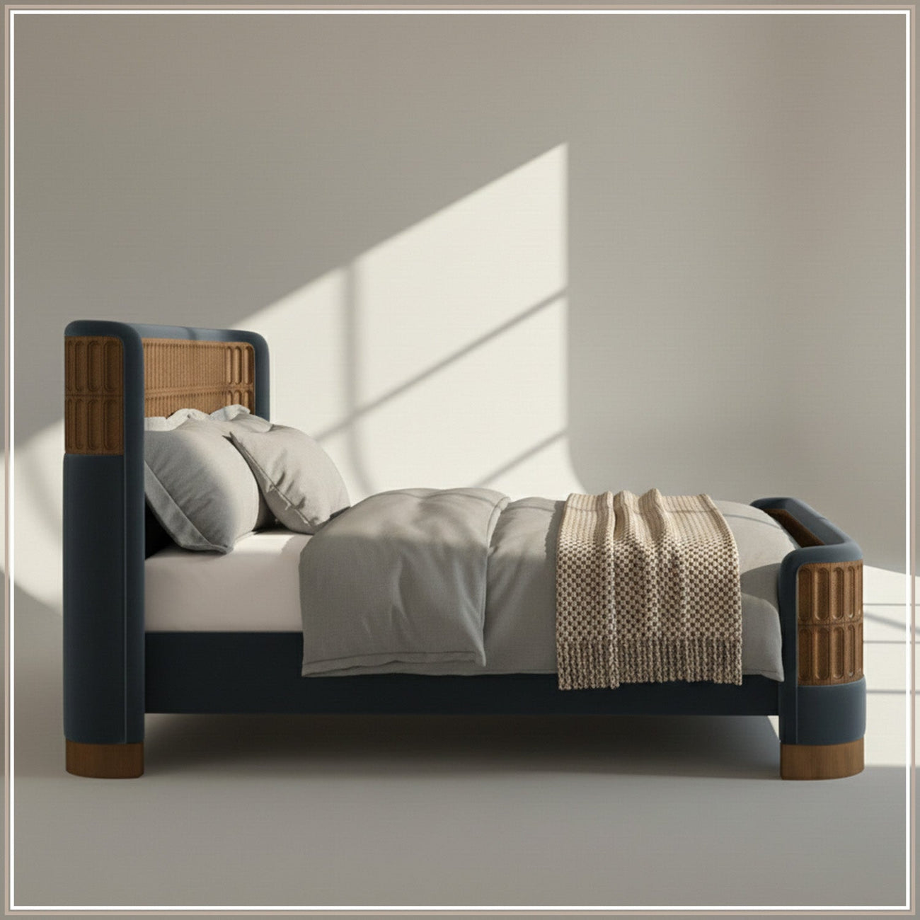 Heritage Cane Upholstered Queen Size Bed in Grey Blue Linen with Oak wood Frame
