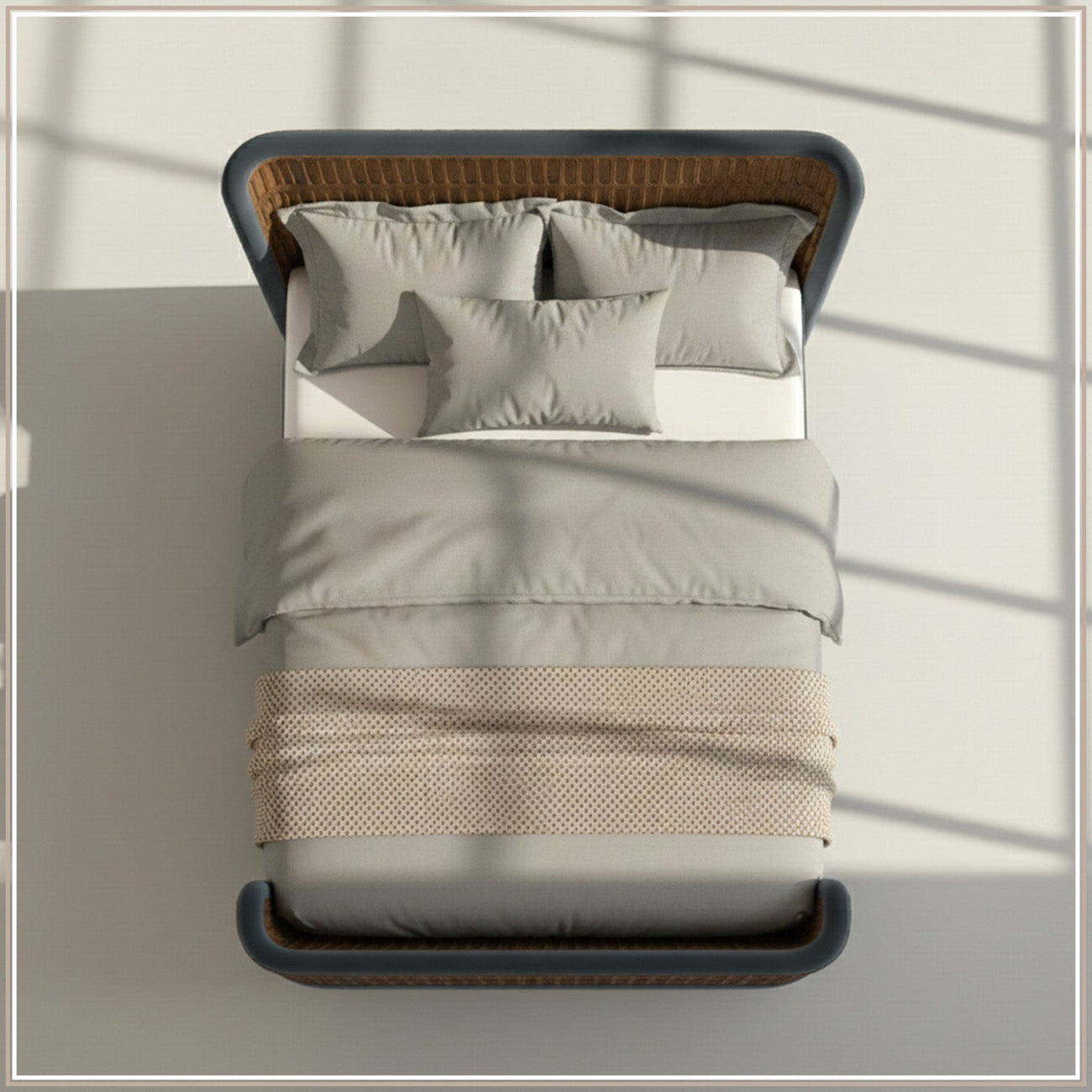 Heritage Cane Upholstered Queen Size Bed in Grey Blue Linen with Oak wood Frame