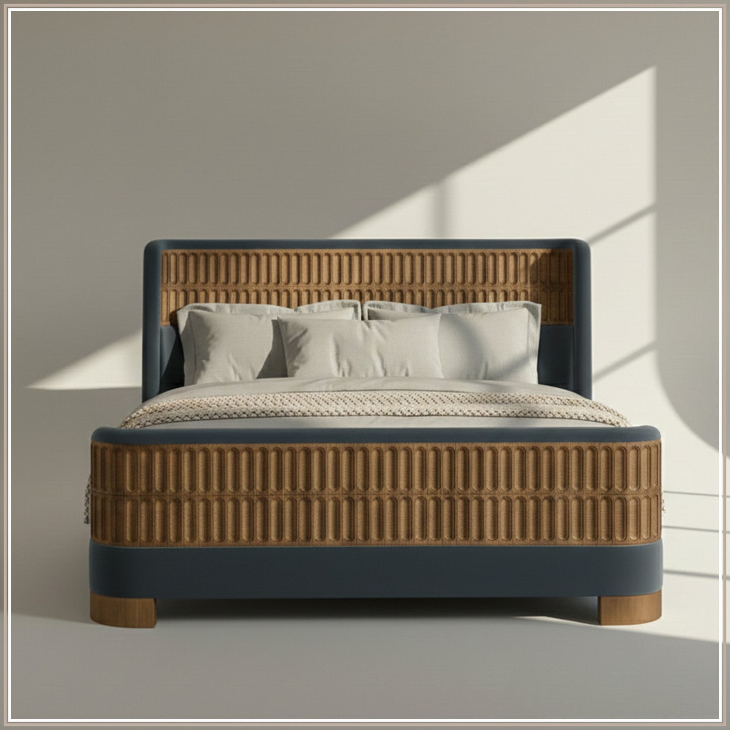 Heritage Cane Upholstered King Size Bed in Grey Blue Linen With Oak wood Frame