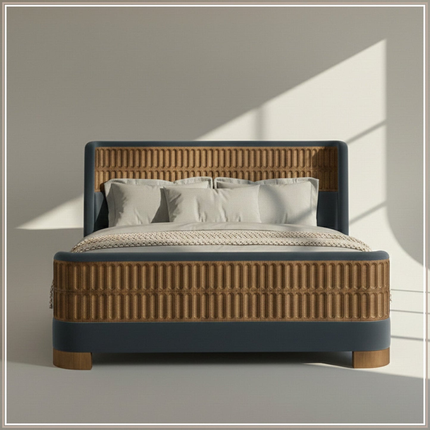 Heritage Cane Upholstered King Size Bed in Grey Blue Linen With Oak wood Frame