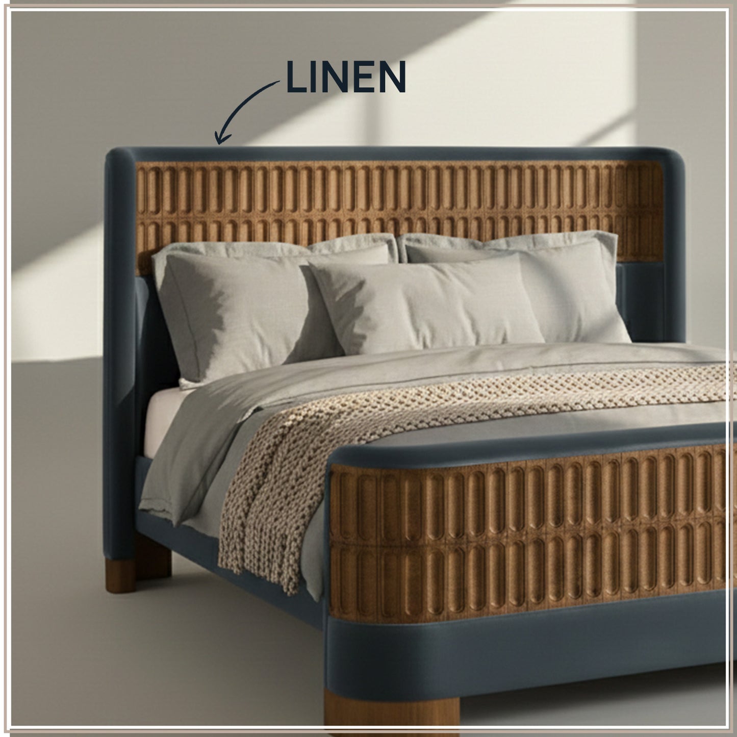 Heritage Cane Upholstered King Size Bed in Grey Blue Linen With Oak wood Frame