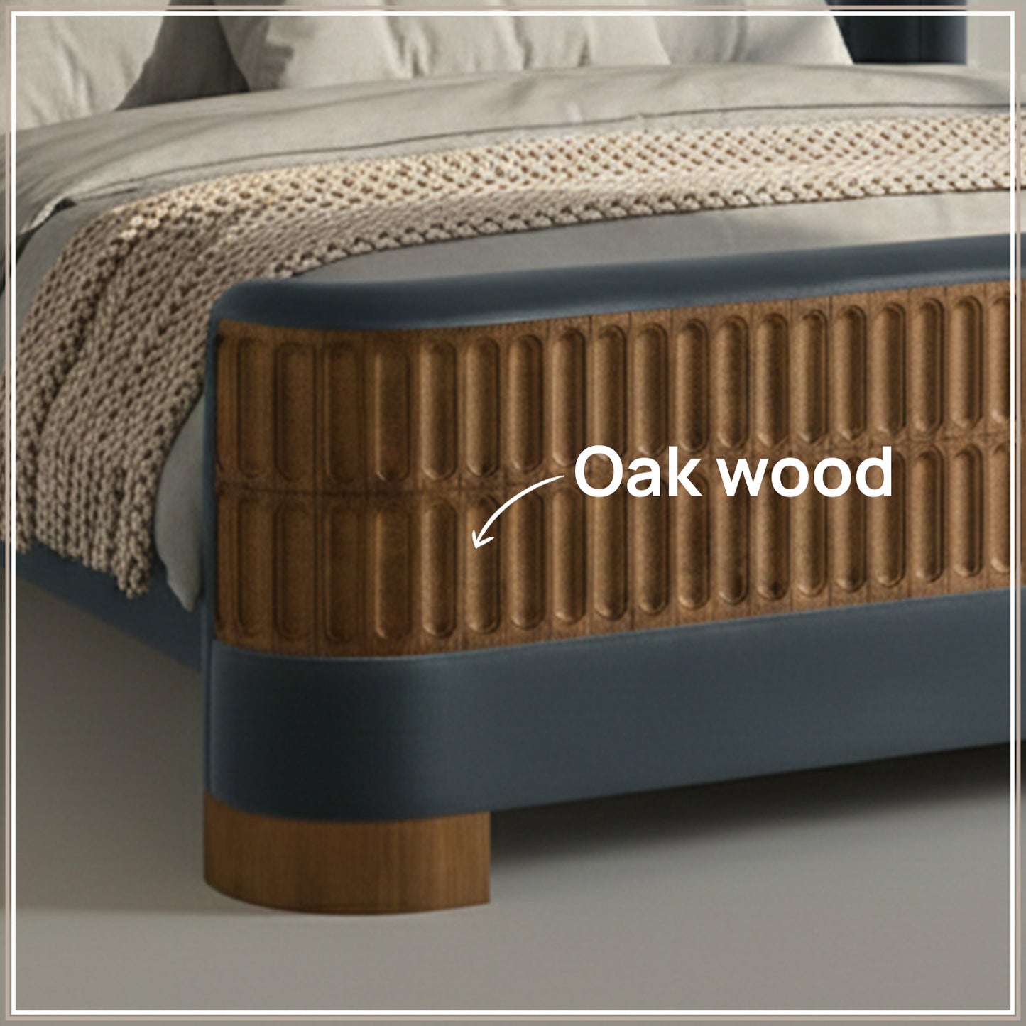 Heritage Cane Upholstered King Size Bed in Grey Blue Linen With Oak wood Frame