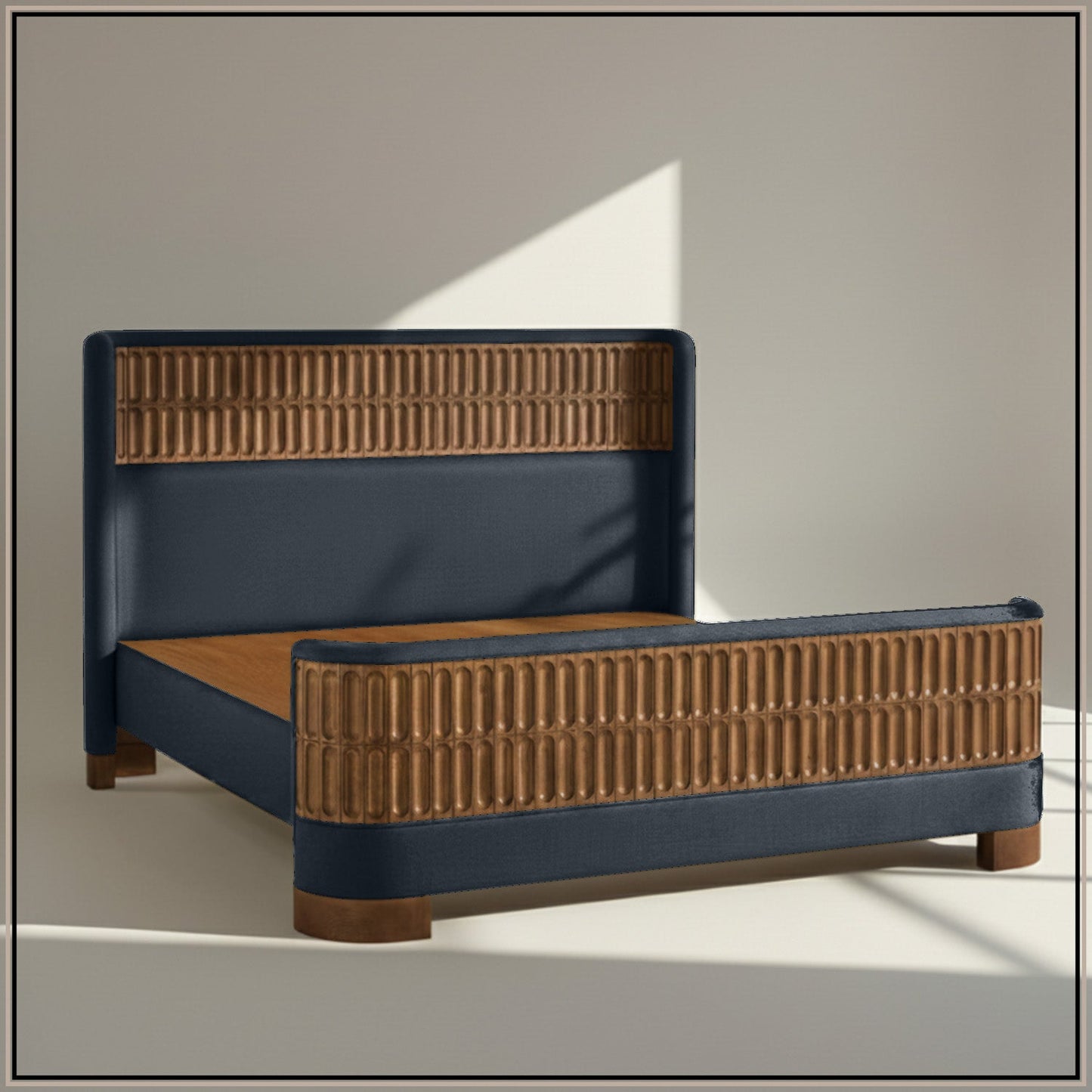 Heritage Cane Upholstered King Size Bed in Grey Blue Linen With Oak wood Frame