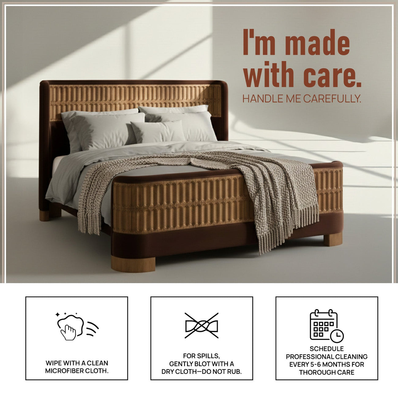 Heritage Cane Upholstered King Size Bed in Chocolate Brown Linen With Oak wood Frame