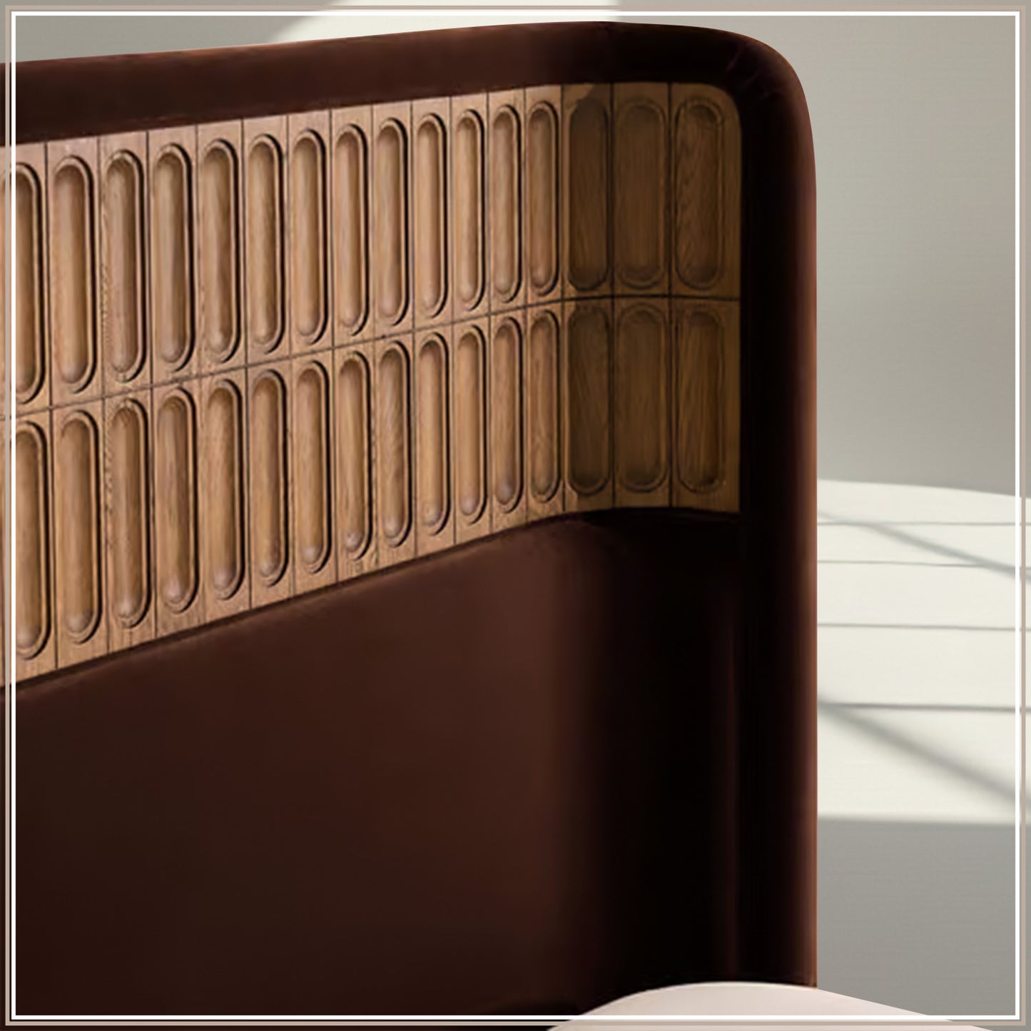 Heritage Cane Upholstered Queen Size Bed in Chocolate Brown Linen with Oak wood Frame