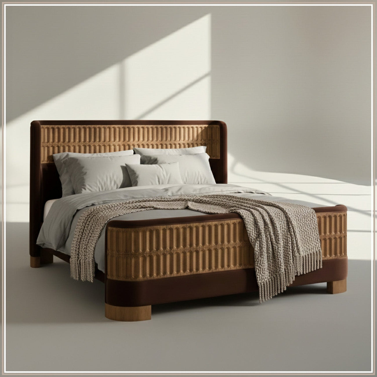 Heritage Cane Upholstered Queen Size Bed in Chocolate Brown Linen with Oak wood Frame