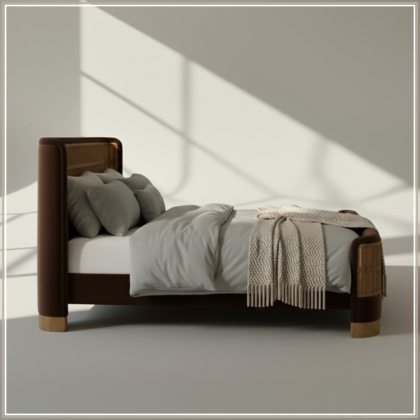 Heritage Cane Upholstered Queen Size Bed in Chocolate Brown Linen with Oak wood Frame