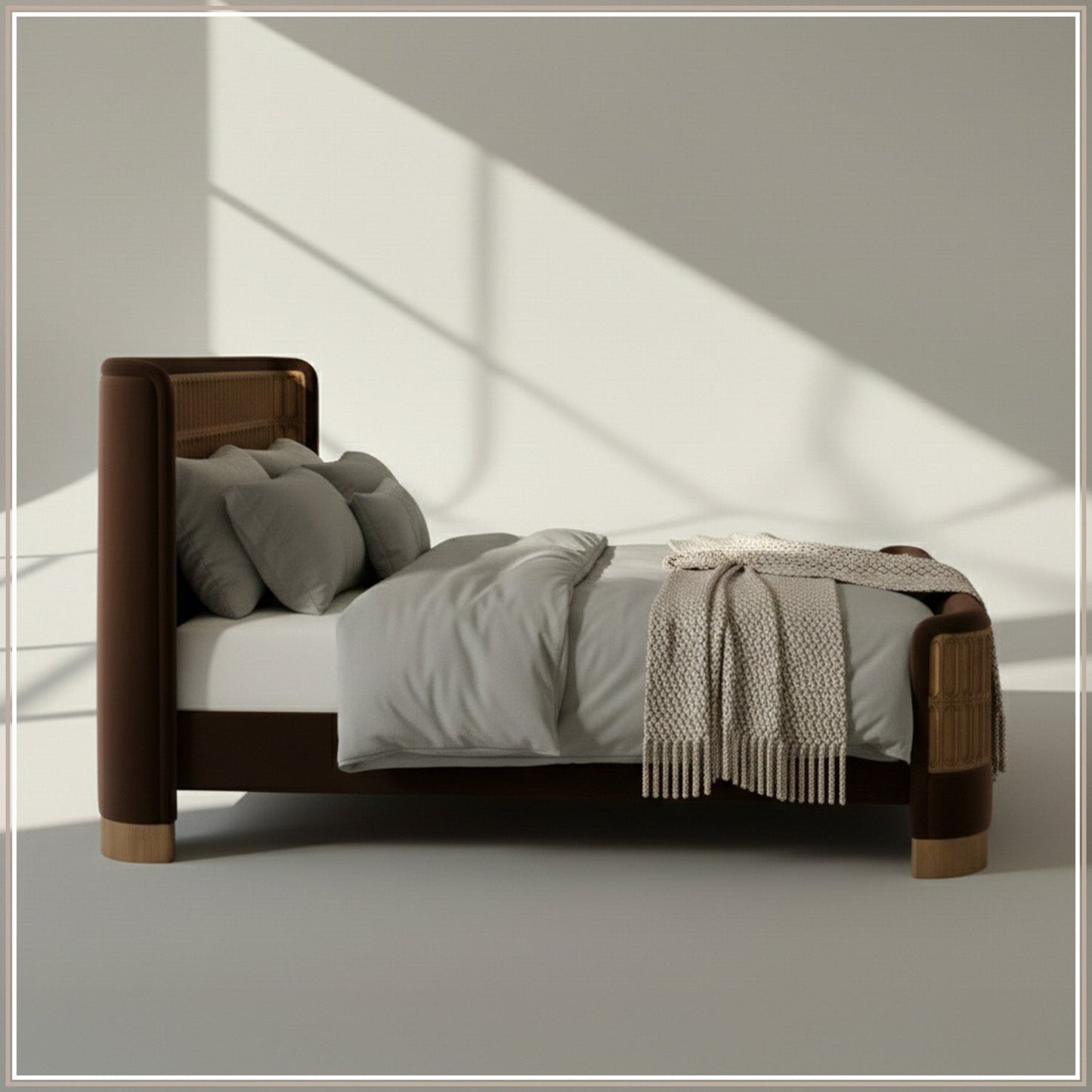 Heritage Cane Upholstered Queen Size Bed in Chocolate Brown Linen with Oak wood Frame