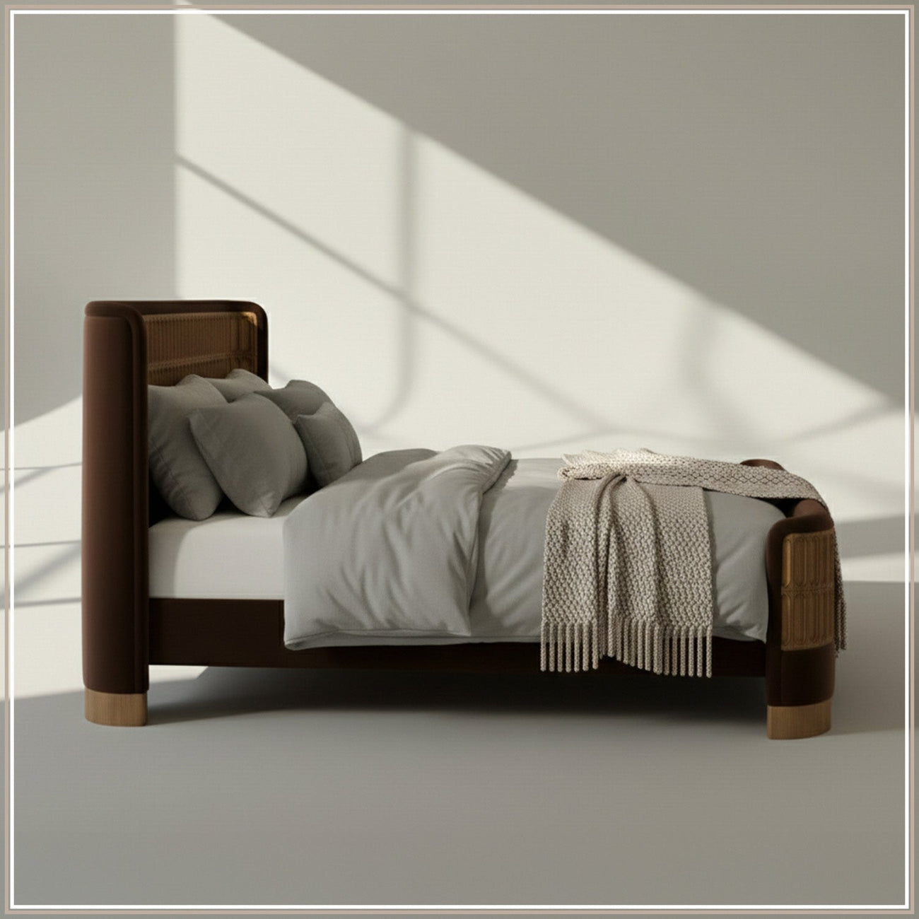 Heritage Cane Upholstered Queen Size Bed in Chocolate Brown Linen with Oak wood Frame