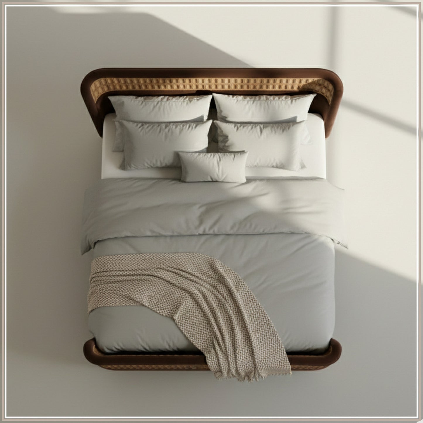 Heritage Cane Upholstered Queen Size Bed in Chocolate Brown Linen with Oak wood Frame