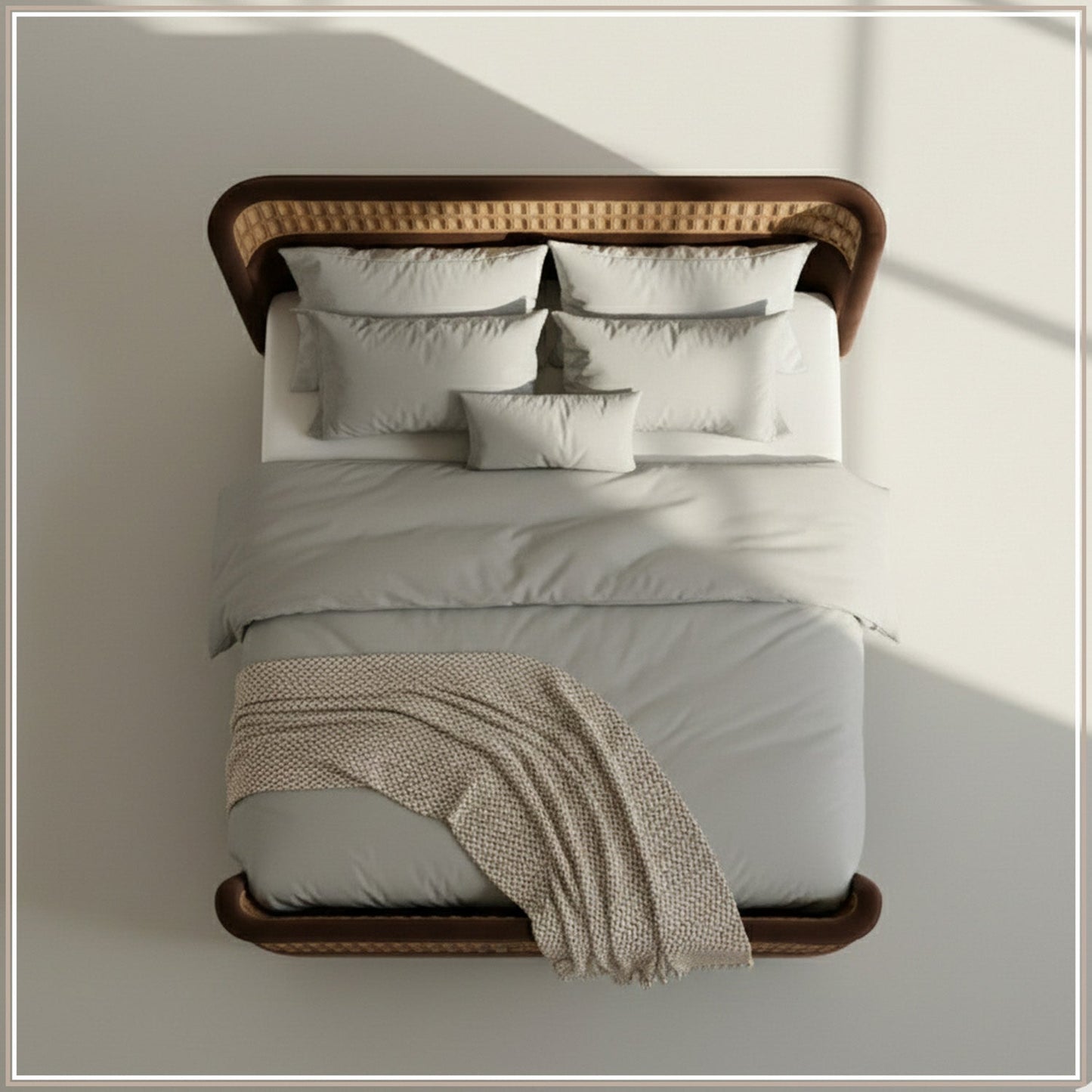 Heritage Cane Upholstered Queen Size Bed in Chocolate Brown Linen with Oak wood Frame