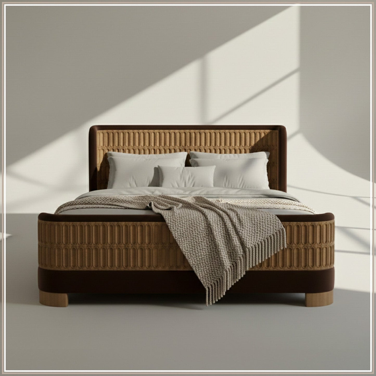 Heritage Cane Upholstered Queen Size Bed in Chocolate Brown Linen with Oak wood Frame