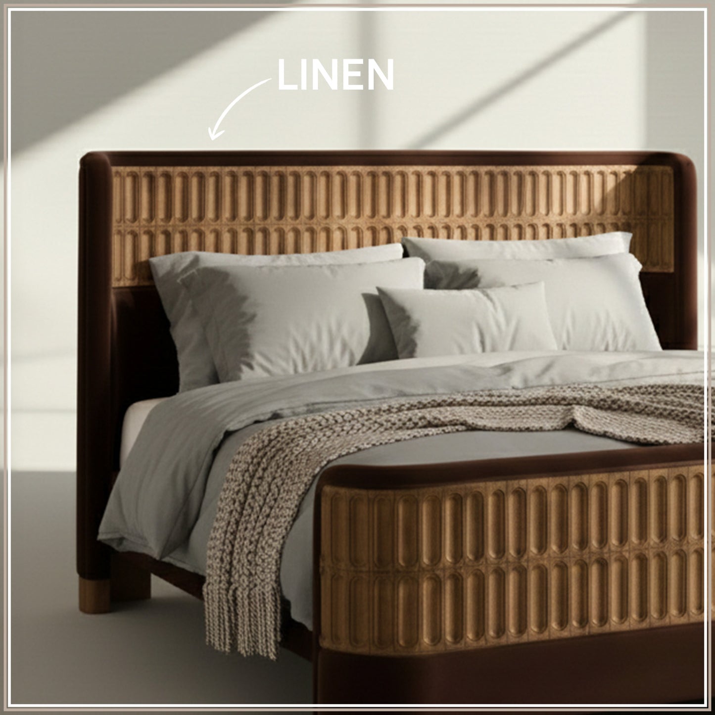 Heritage Cane Upholstered King Size Bed in Chocolate Brown Linen With Oak wood Frame