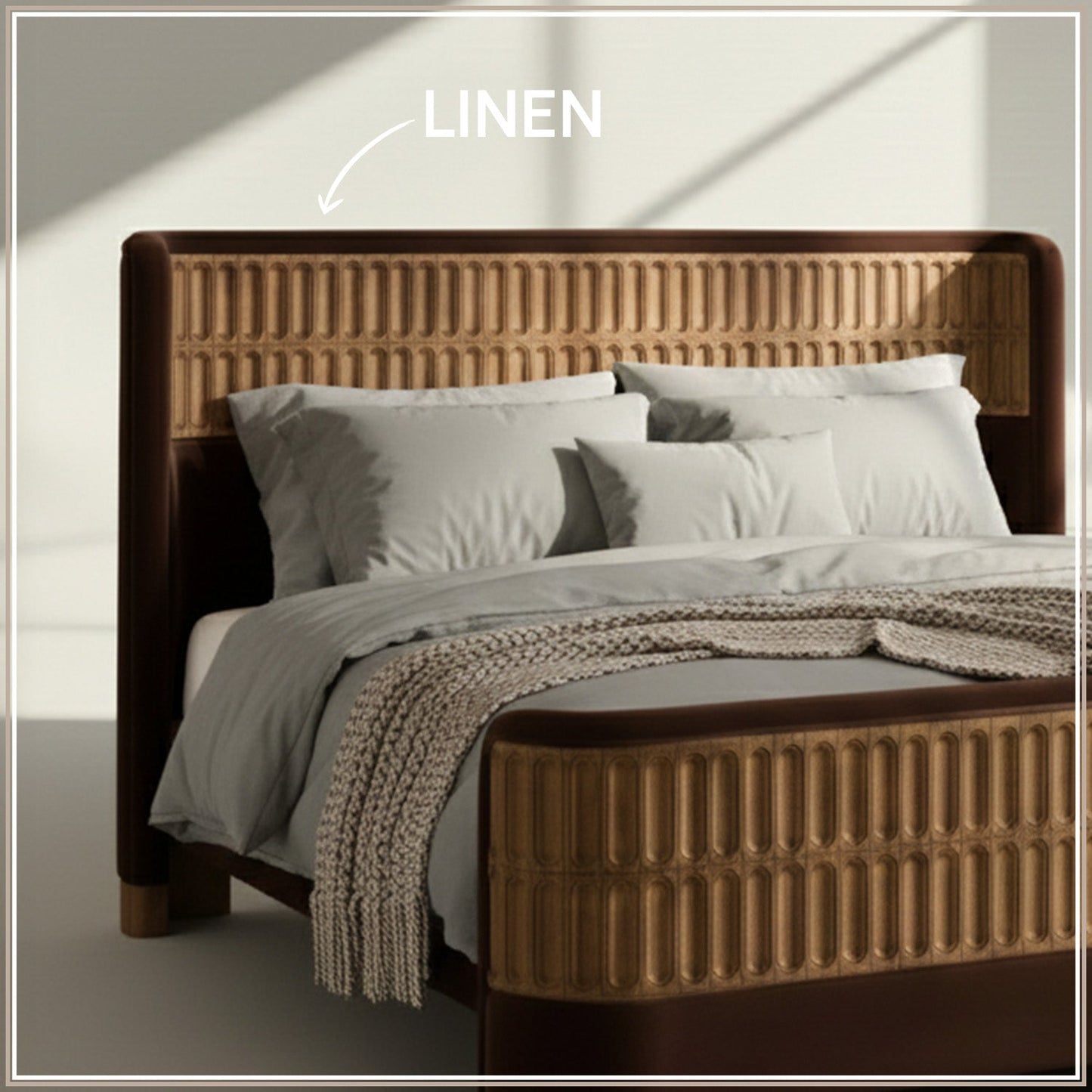 Heritage Cane Upholstered Queen Size Bed in Chocolate Brown Linen with Oak wood Frame