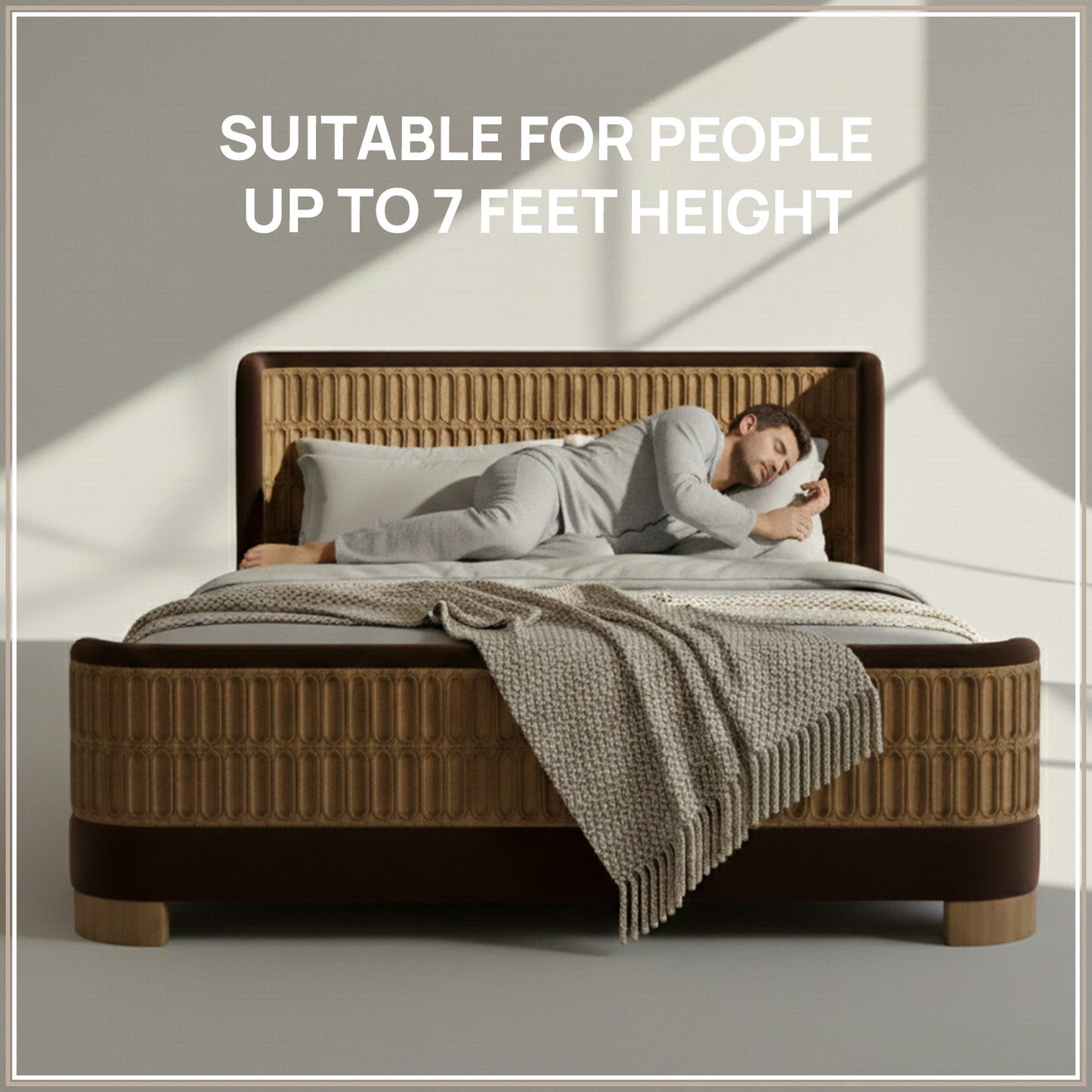 Heritage Cane Upholstered Queen Size Bed in Chocolate Brown Linen with Oak wood Frame