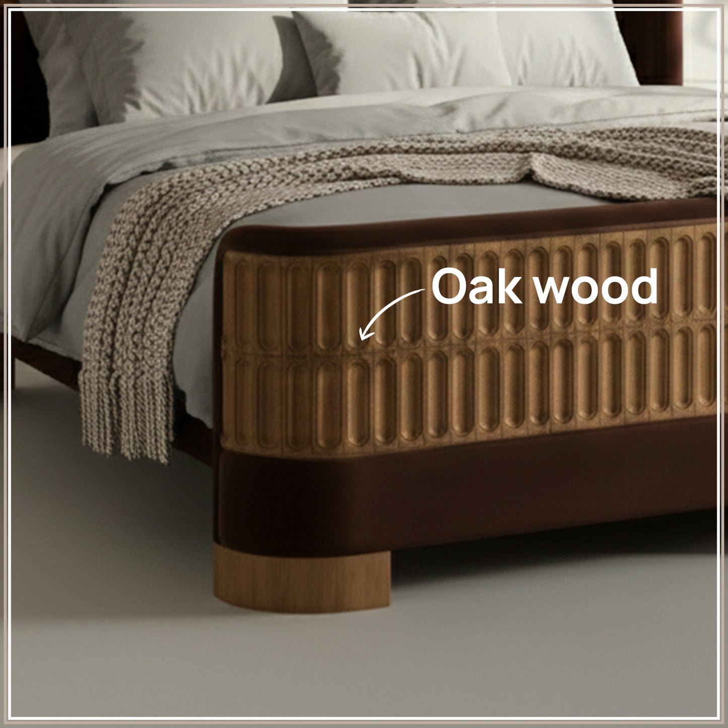 Heritage Cane Upholstered King Size Bed in Chocolate Brown Linen With Oak wood Frame