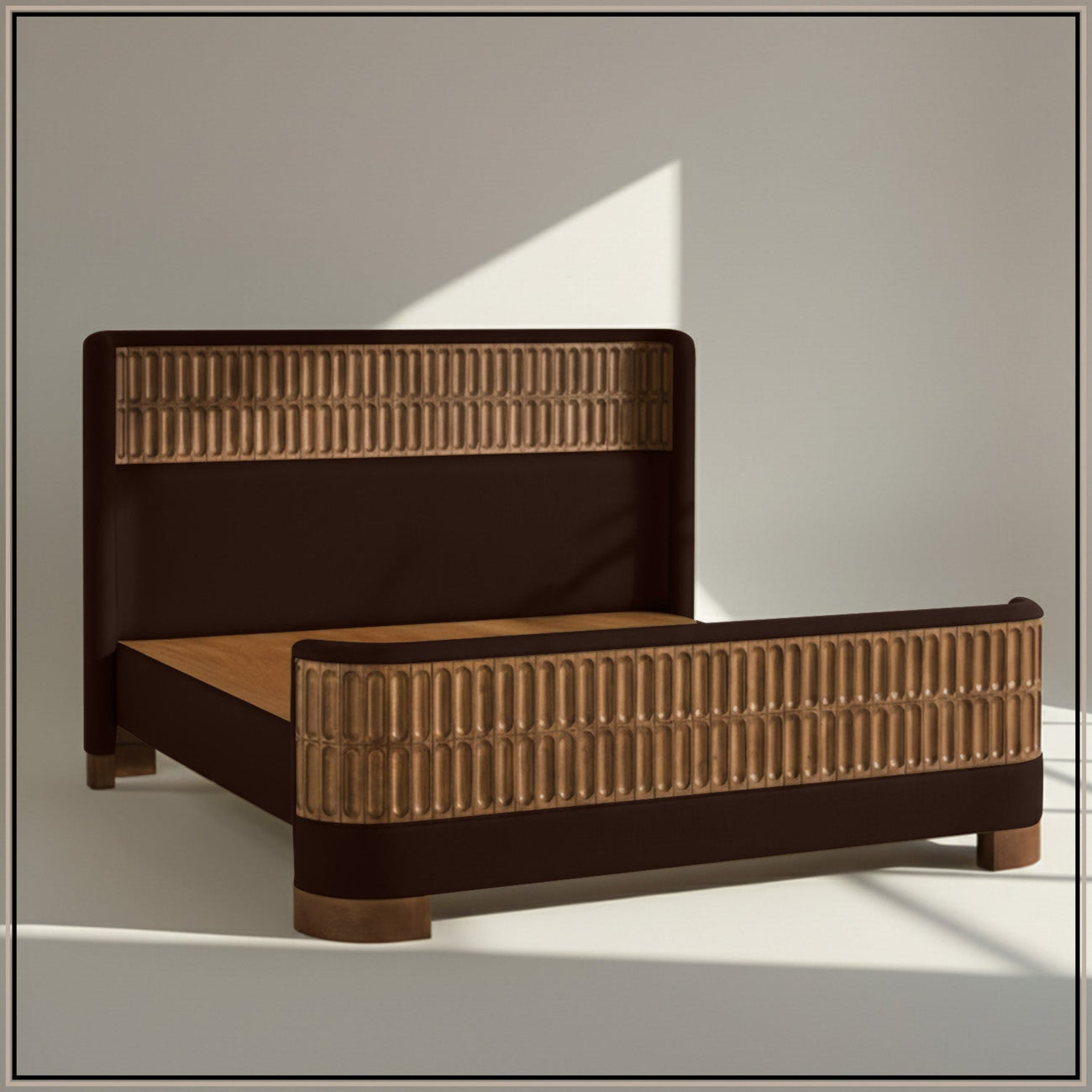 Heritage Cane Upholstered King Size Bed in Chocolate Brown Linen With Oak wood Frame