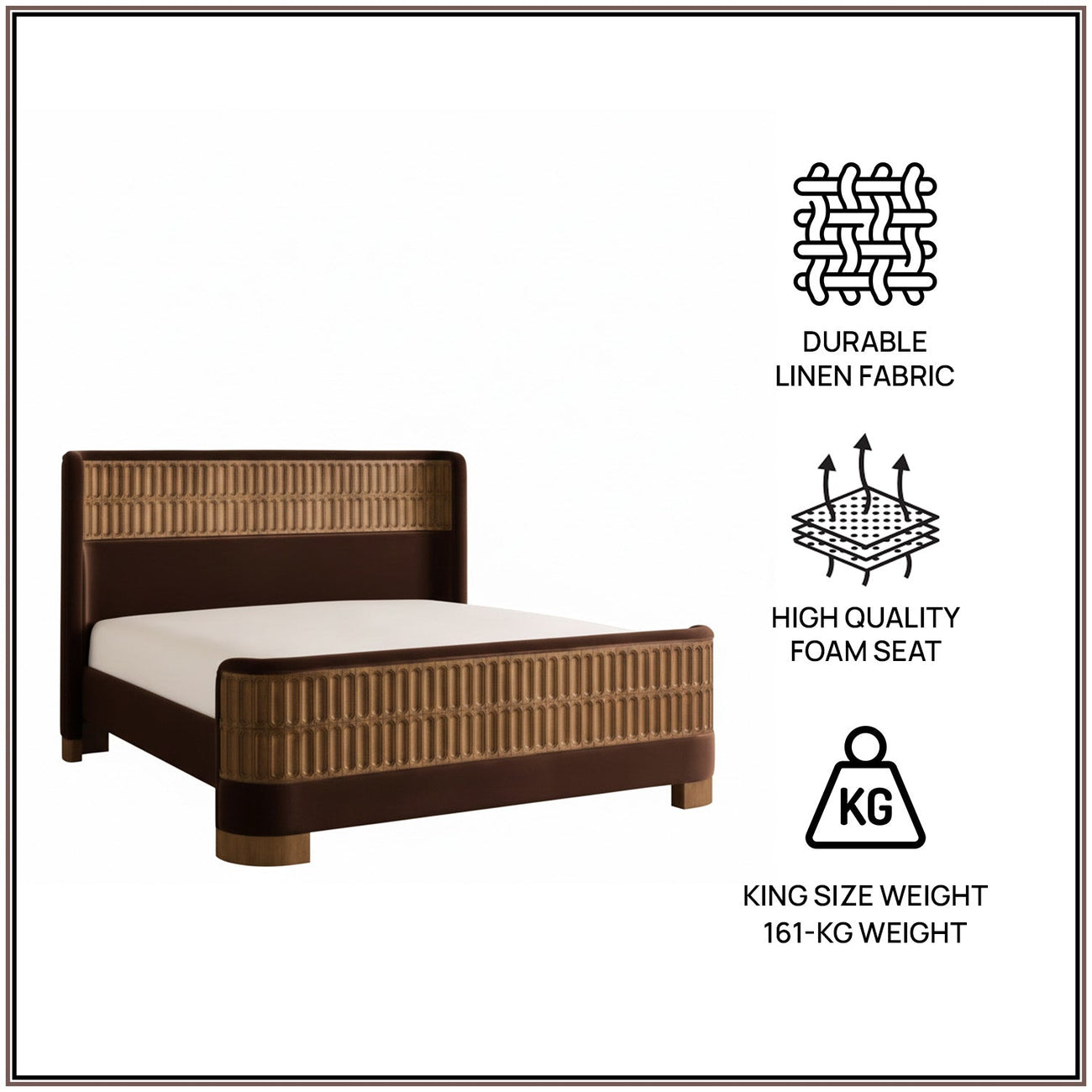 Heritage Cane Upholstered King Size Bed in Chocolate Brown Linen With Oak wood Frame