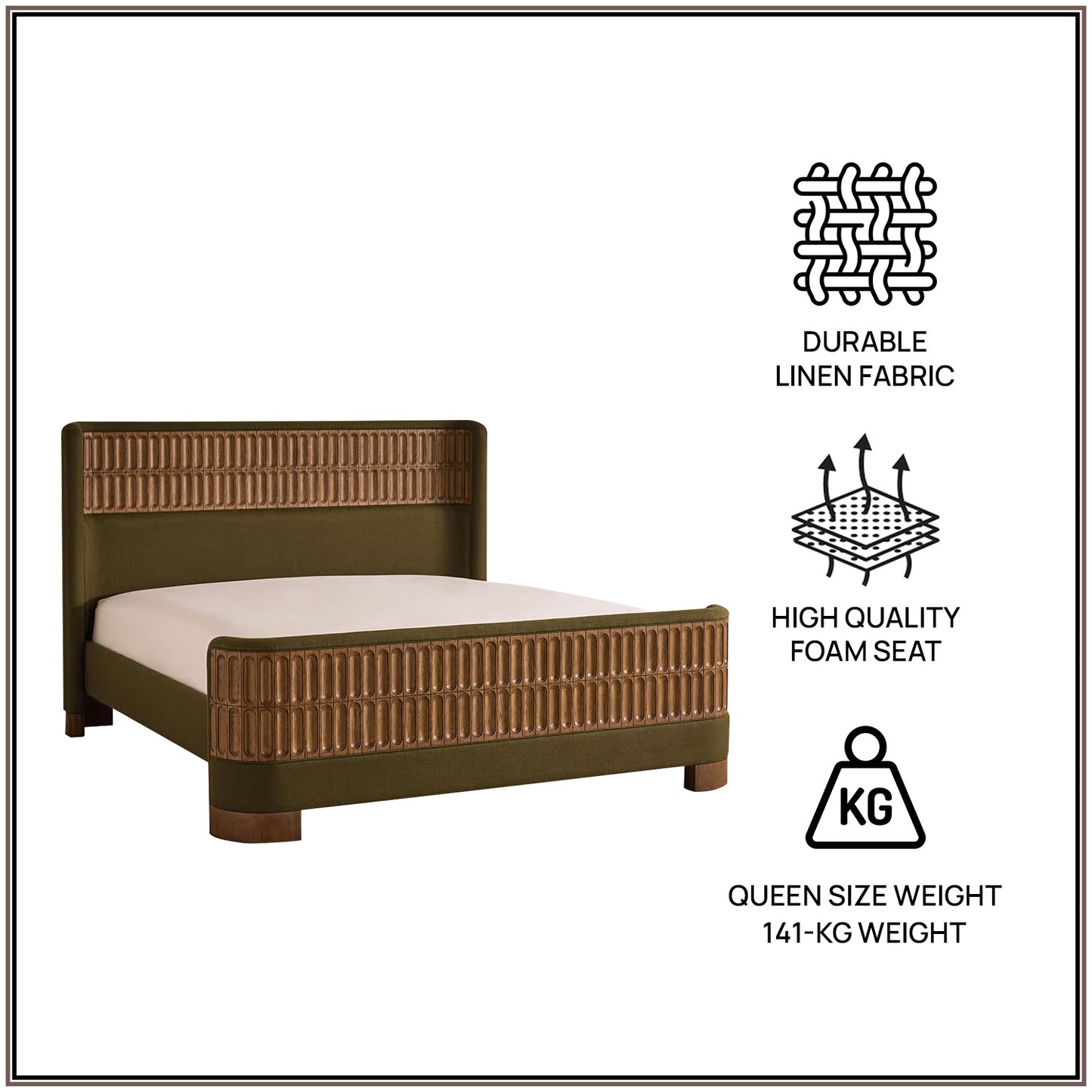 Heritage Cane Upholstered Queen Size Bed in Olive Linen with Oak wood Frame