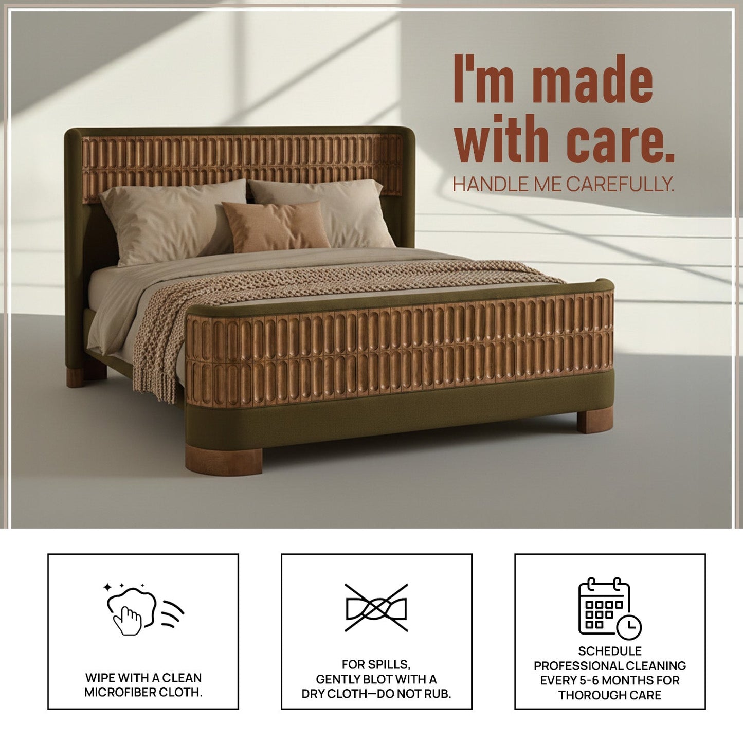 Heritage Cane Upholstered King Size Bed in Olive Linen With Oak wood Frame