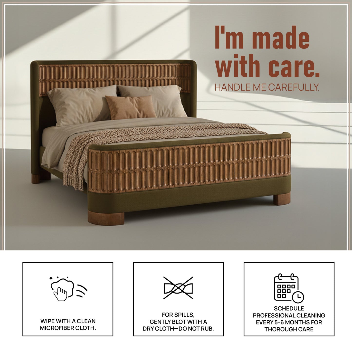 Heritage Cane Upholstered Queen Size Bed in Olive Linen with Oak wood Frame