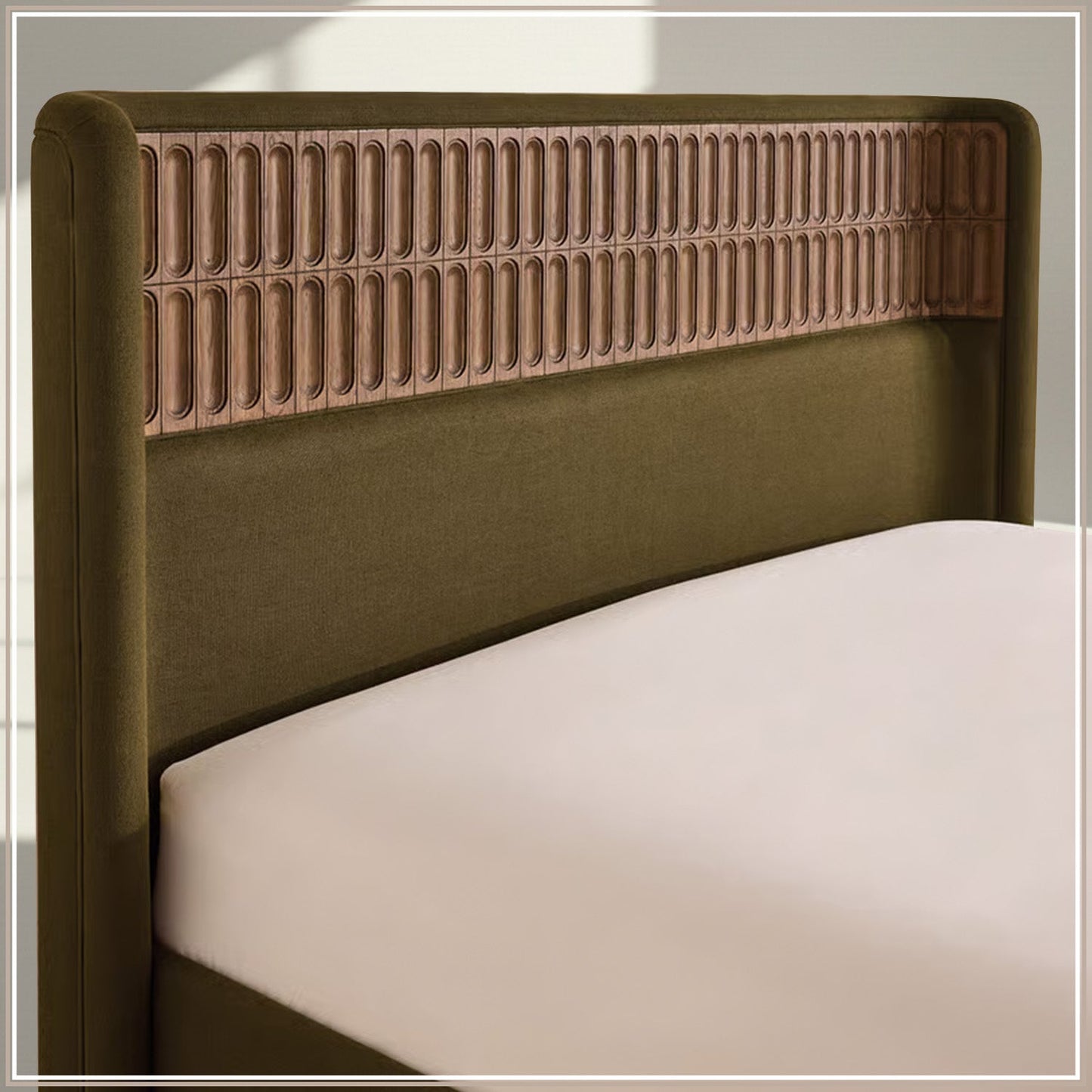 Heritage Cane Upholstered Queen Size Bed in Olive Linen with Oak wood Frame