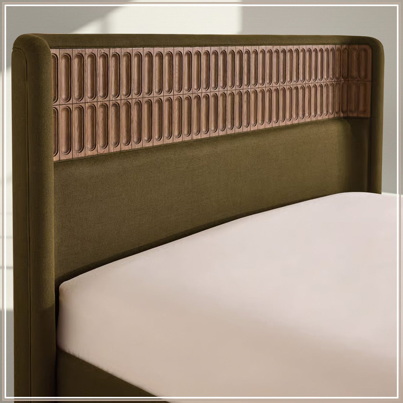 Heritage Cane Upholstered Queen Size Bed in Olive Linen with Oak wood Frame