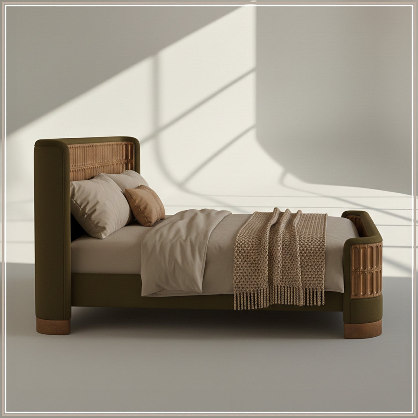 Heritage Cane Upholstered Queen Size Bed in Olive Linen with Oak wood Frame