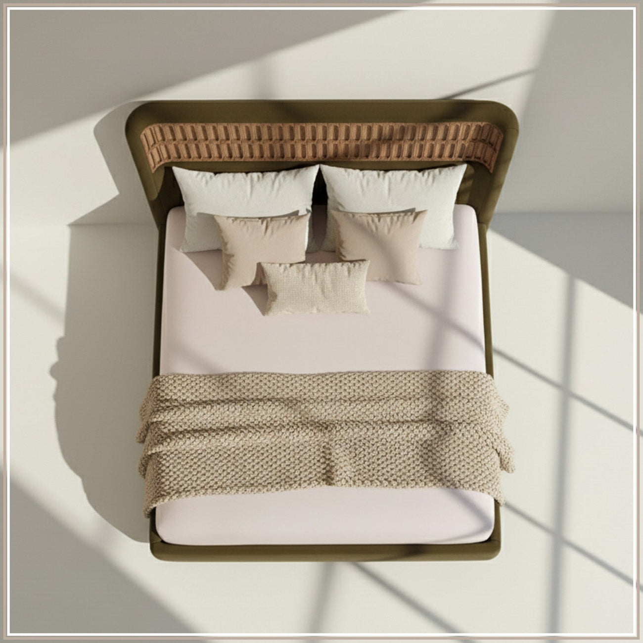 Heritage Cane Upholstered Queen Size Bed in Olive Linen with Oak wood Frame