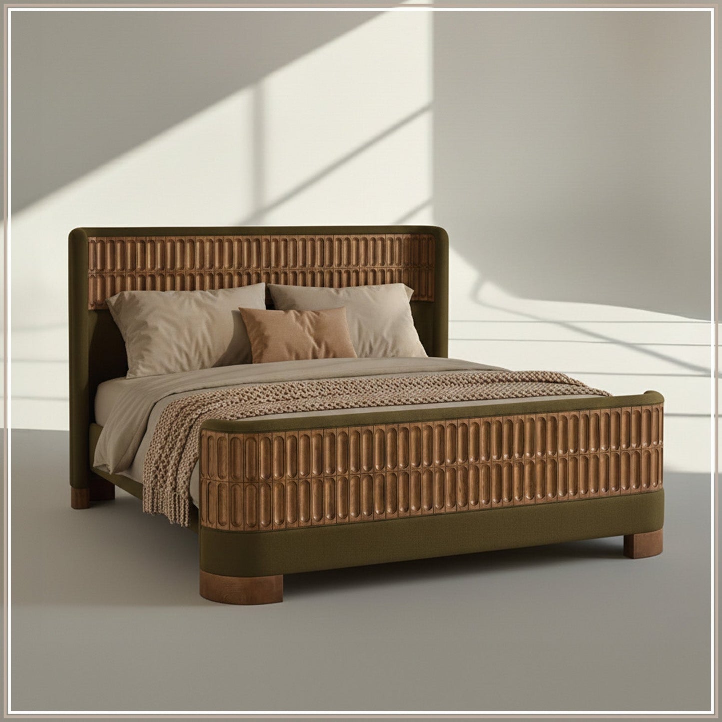 Heritage Cane Upholstered Queen Size Bed in Olive Linen with Oak wood Frame