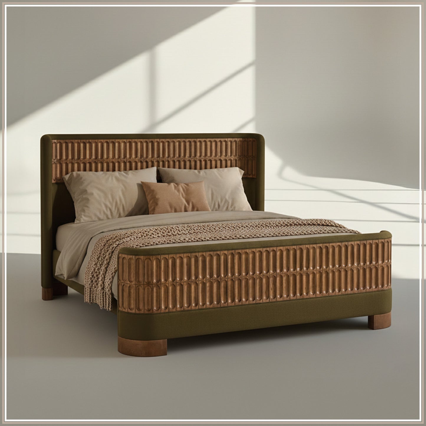 Heritage Cane Upholstered King Size Bed in Olive Linen With Oak wood Frame