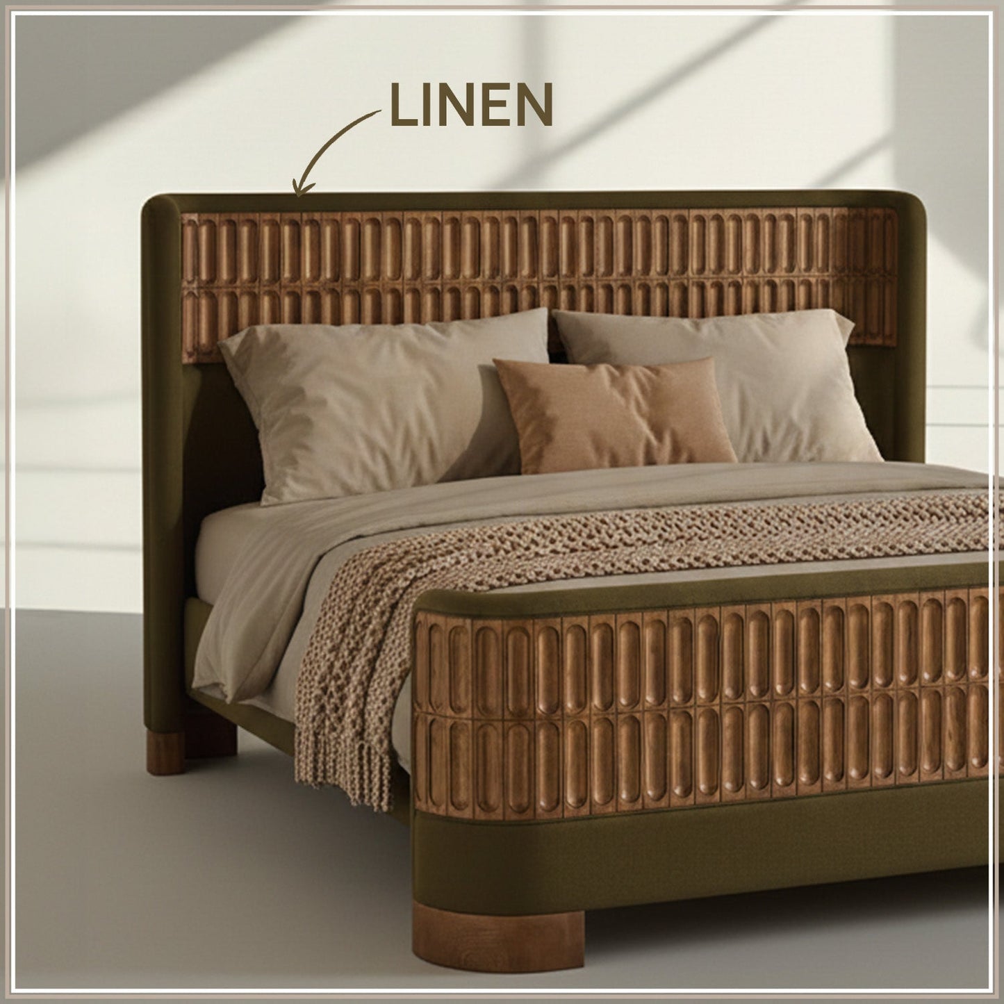 Heritage Cane Upholstered Queen Size Bed in Olive Linen with Oak wood Frame