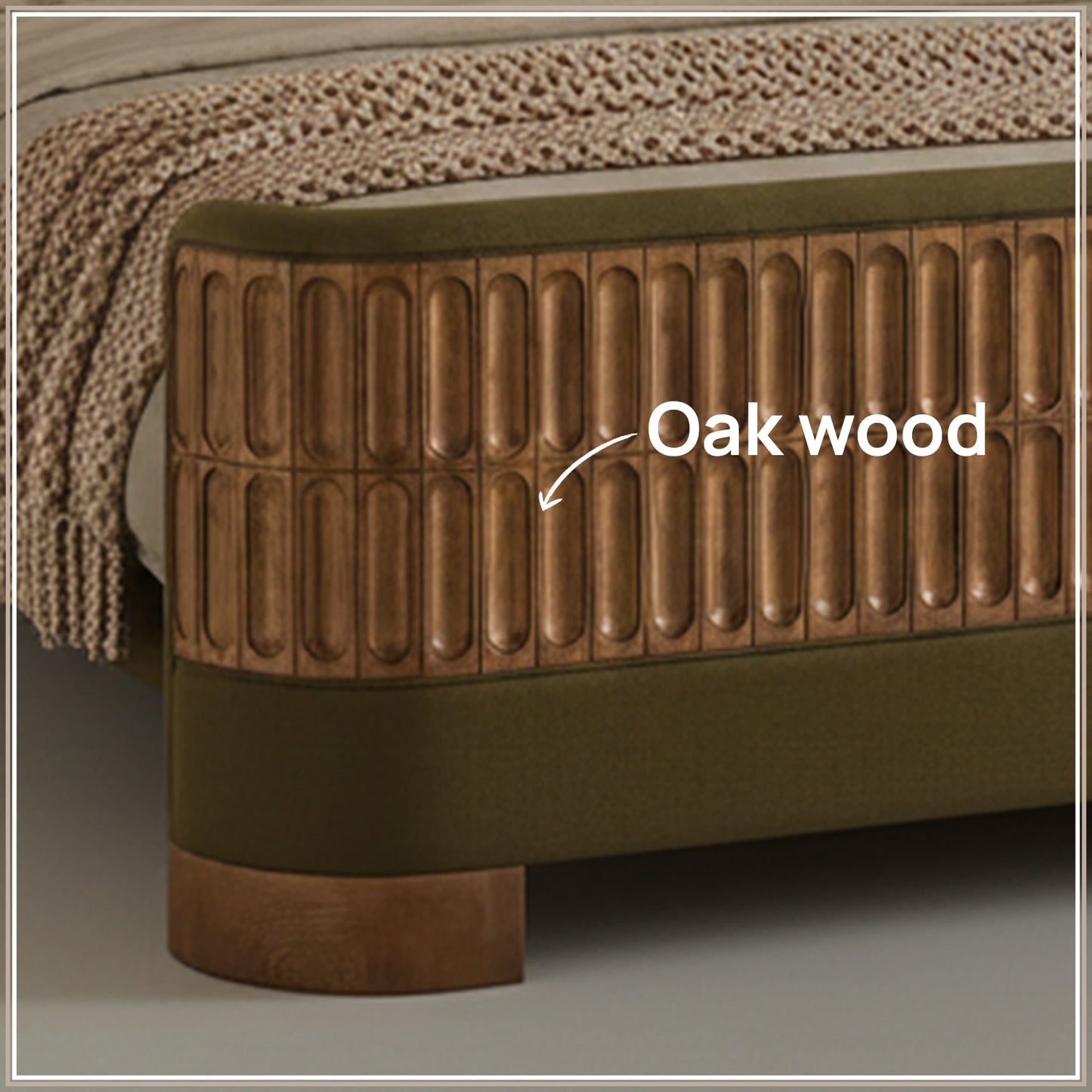 Heritage Cane Upholstered King Size Bed in Olive Linen With Oak wood Frame