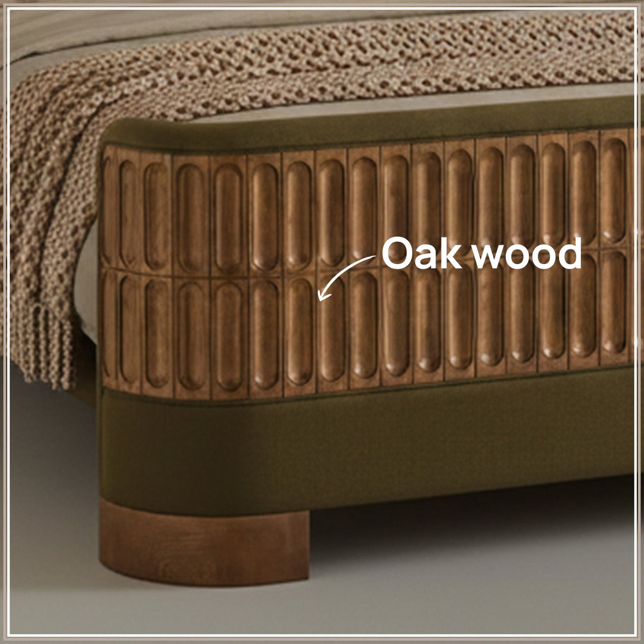 Heritage Cane Upholstered Queen Size Bed in Olive Linen with Oak wood Frame